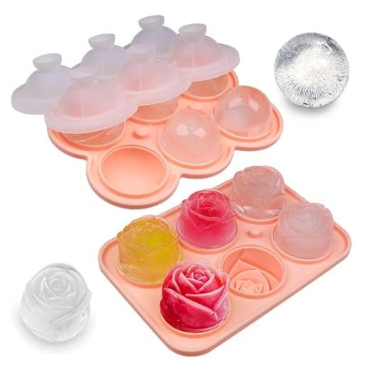 2 Pack Silicone Ice Cube Trays, Pink Rose Ice Cube Mold, Large rose&round