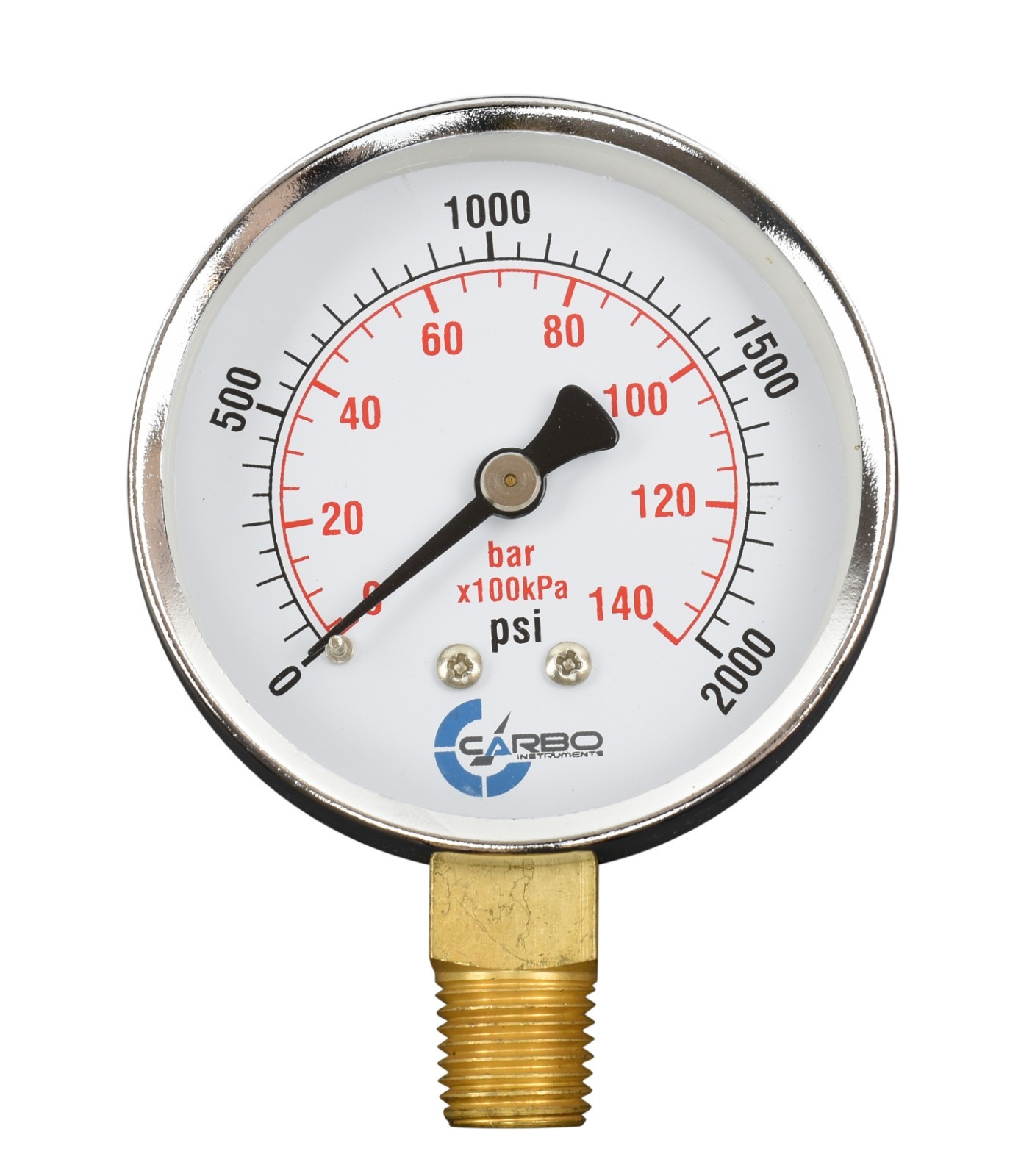 2-1/2" Pressure Gauge - Chrome Plated Steel Case, 1/4"NPT, Lower Mnt. 2000 PSI