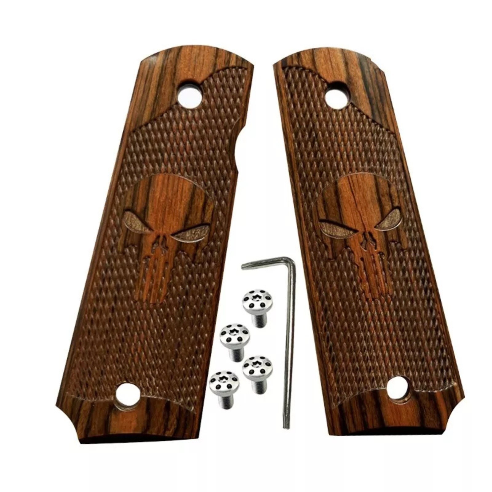 1911 Grips Full Size Wood Punisher Skull Custom Rosewood Checkered with Screws