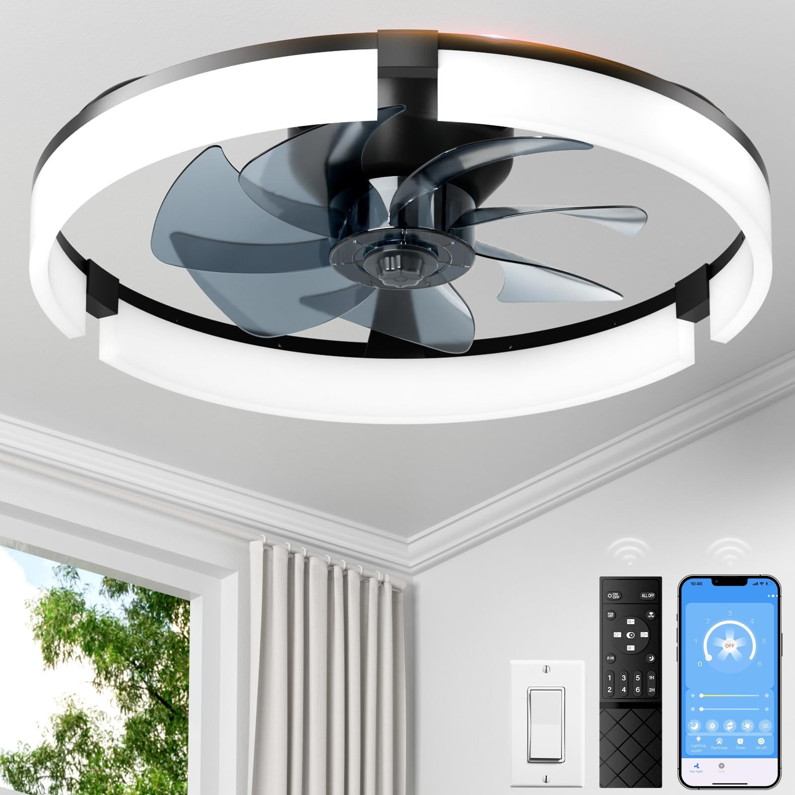 PACOVY Ceiling Fans with Lights and Remote 20 Inch, 3200LM LED 20 Black