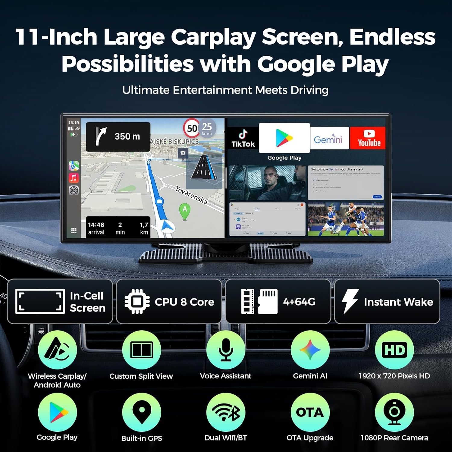 Lamtto RC32 11" Wireless AI CarPlay Screen Android Auto GPS DVR Backup Camera