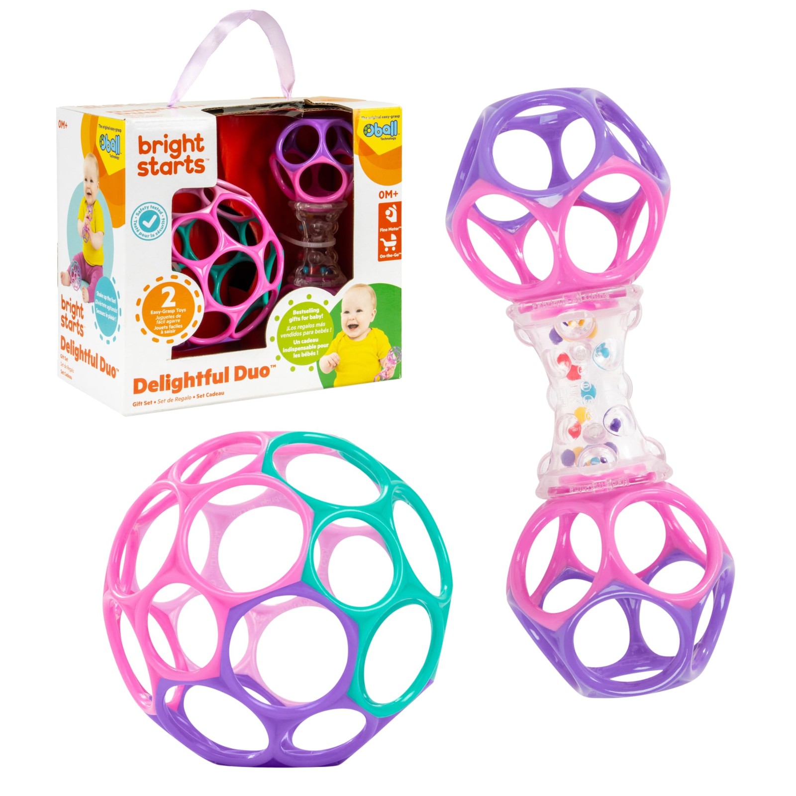 Bright Starts Delightful Duo 2-Pack Easy-Grasp Oball Bundle Gift Set Pink