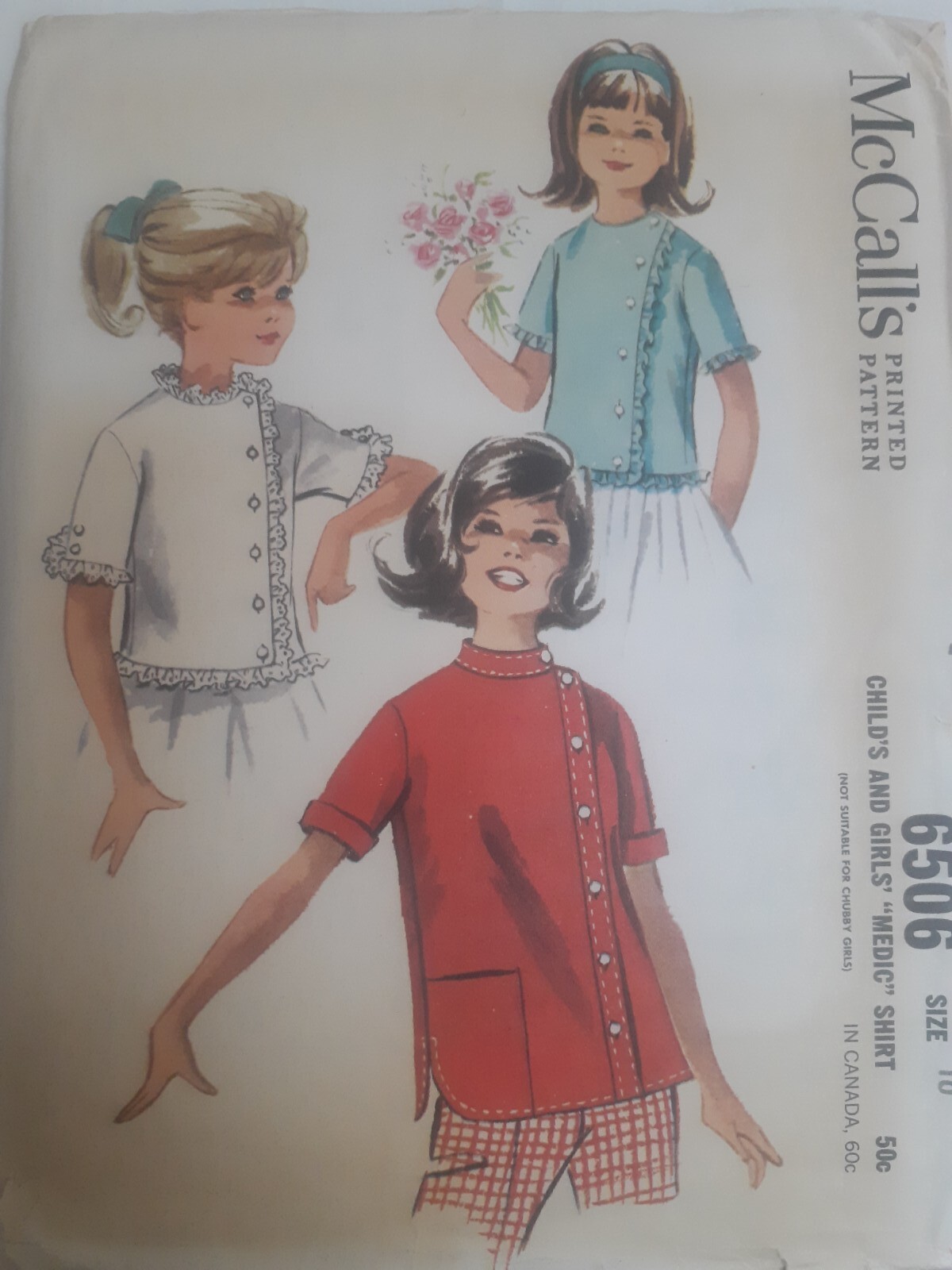 Shirt Medic Offset Button Girls 10 McCalls 6506 Sewing Pattern VTG Cut Ruffle