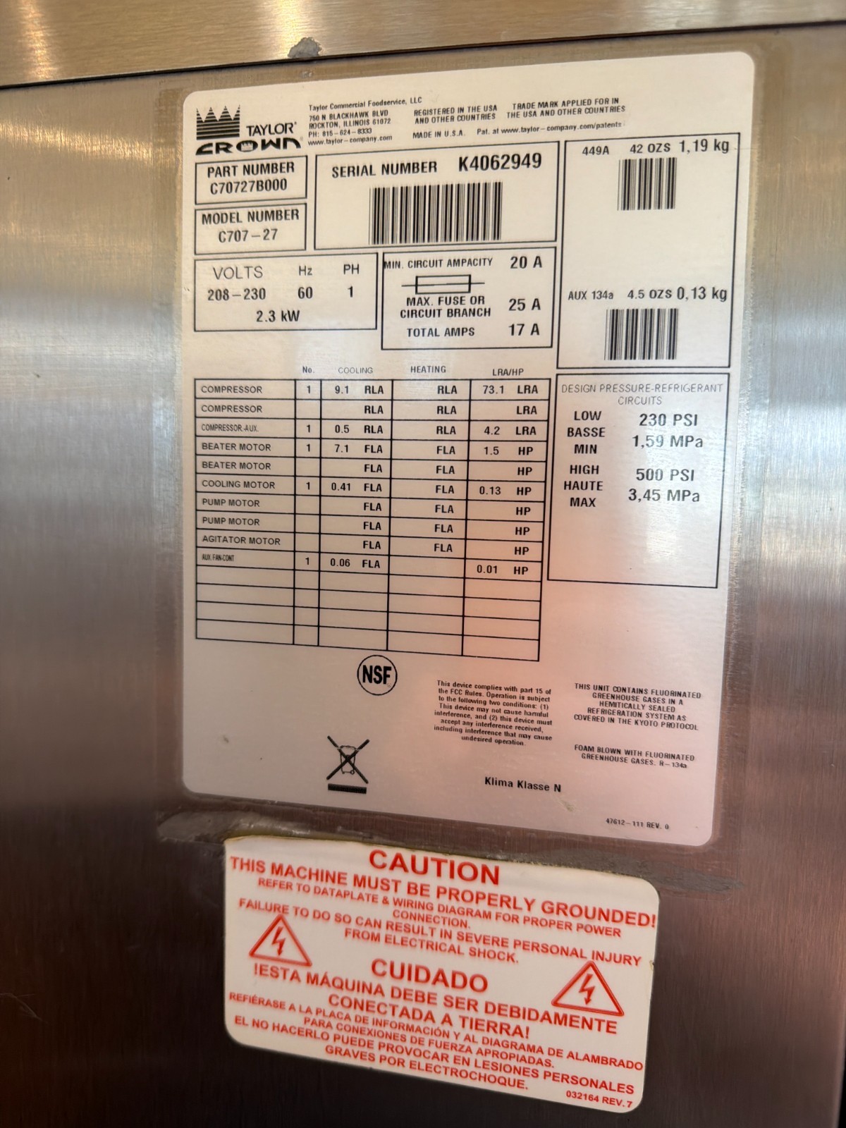 Taylor C707 Soft Serve - Air Cooled 1 Phase - Refurbished 2004