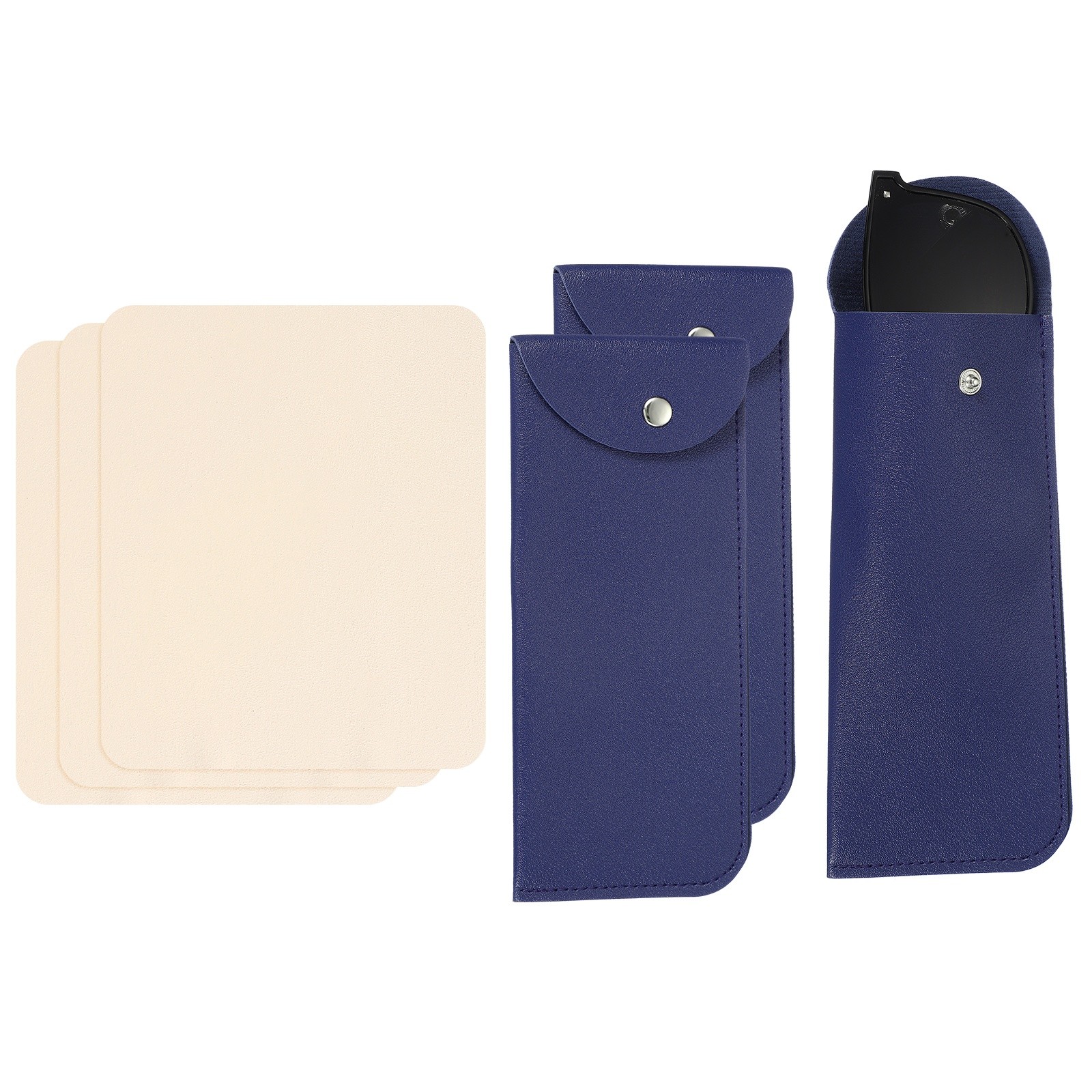3 Pack Snap Portable Leather Glasses Case with 3 Glasses Cloth, Blue