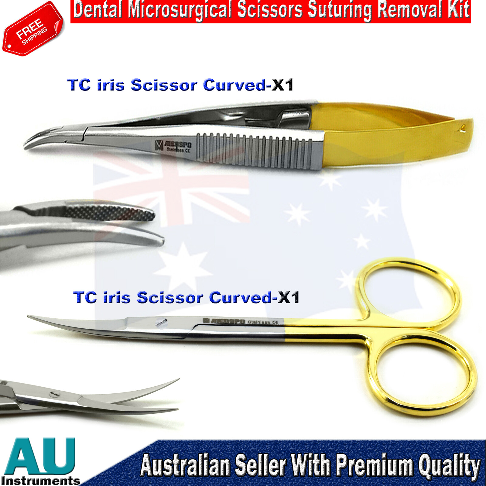 TC Castroviejo Needle Holder Curved Suture Removal Iris Gum Scissors Curved Set