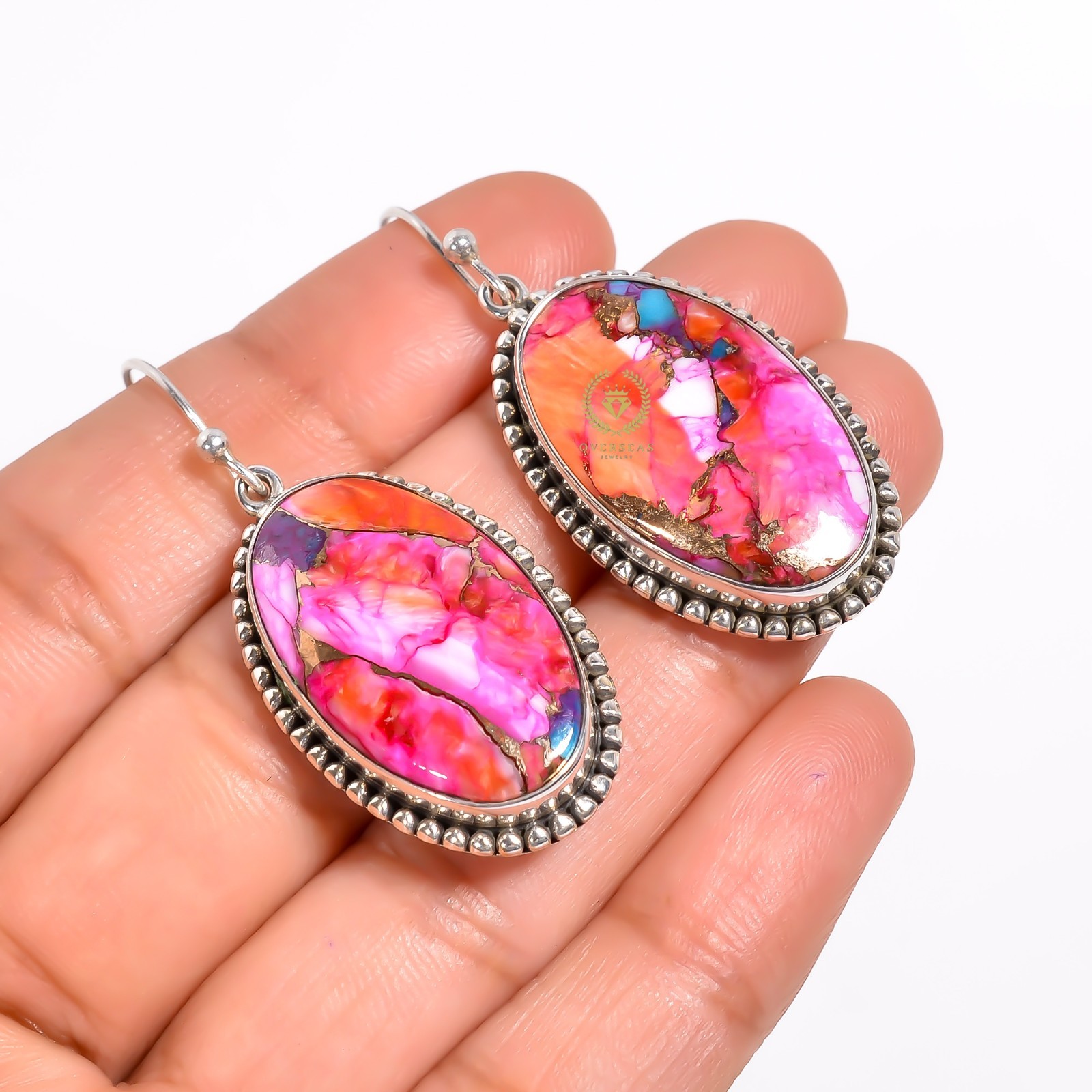 Pink Spiny Oyster Turquoise Earrings 925 Sterling Silver Dangle Gemstone wedding