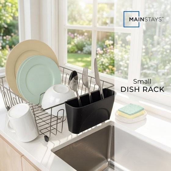 Mainstays Compact Dish Drainer Rack Chrome Black Kitchen Drying Tray
