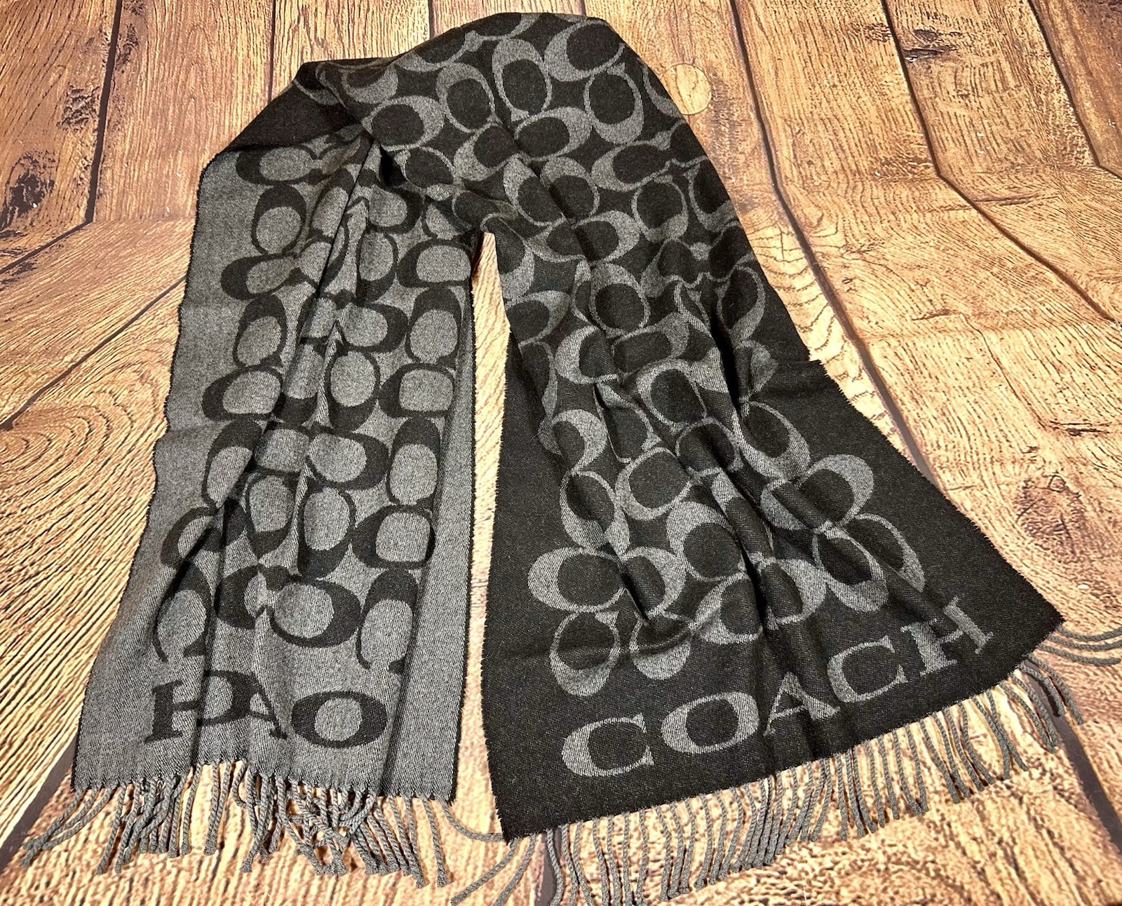 F76384 Coach Signature Logo Oversized Muffler/Scarf Black & Gray