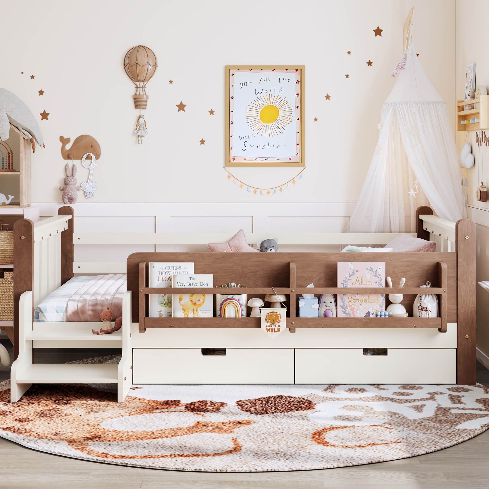 FUNIDEE Twin Size Floor Bed Plarform Bed Frame with Drawers and Bookcases Beige