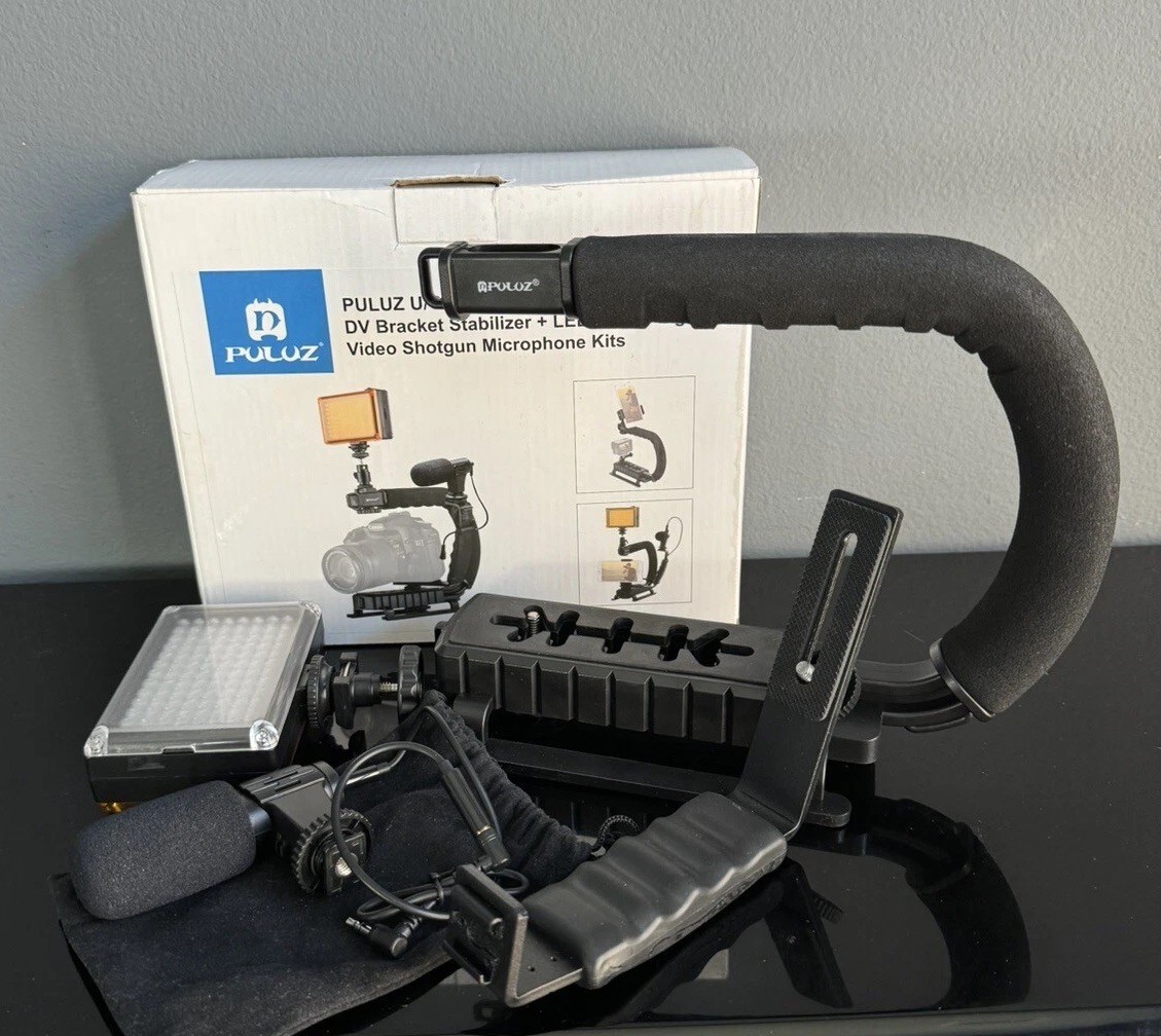 NEW Portable Handheld Bracket Stabilizer, LED Studio Light & Mic PULUZ U/C Shape