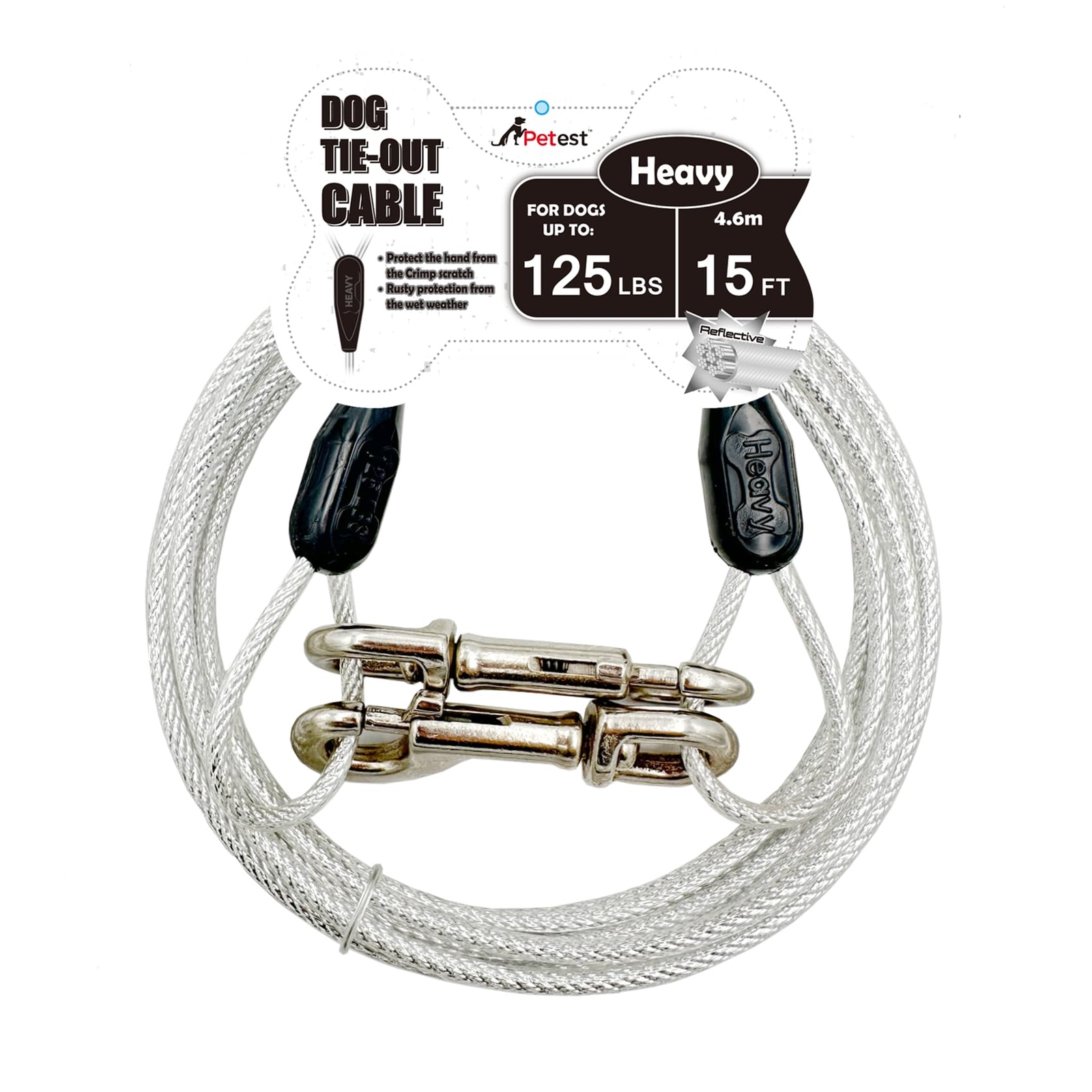 15ft Reflective Tie-Out Cable for Heavy Dogs Up to 125 Pounds