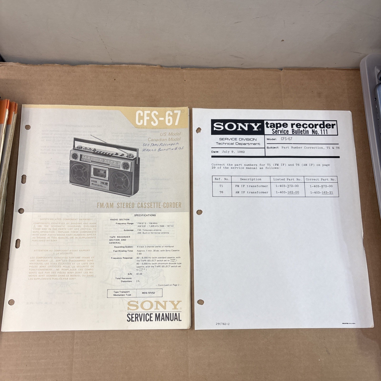 Sony CFS-67 Stereo Radio Cassette Original Service Manual