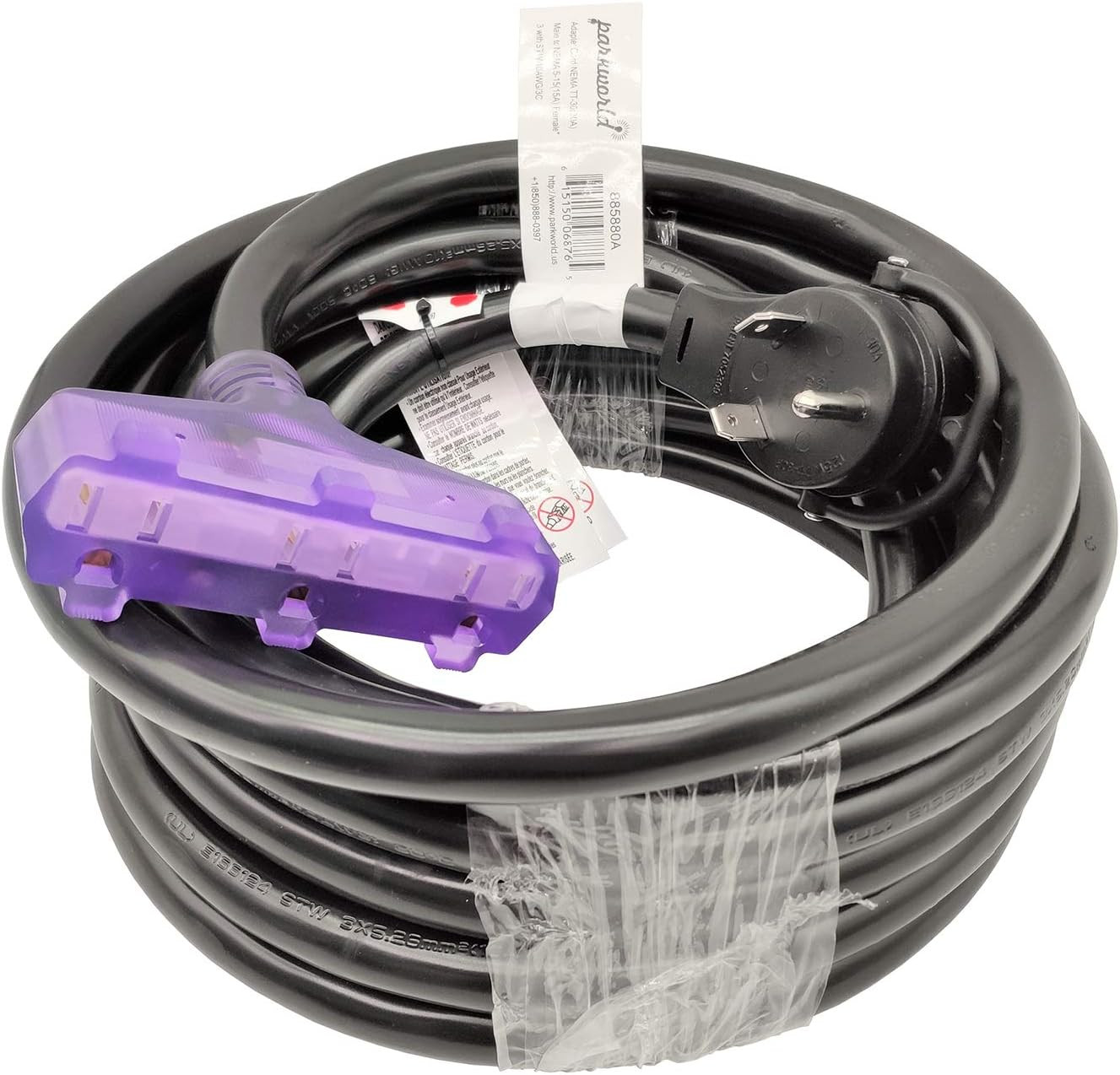 885880A RV 30A to (3) 15A Tri Outlet Household Adapter Cord 125V, Male with Hand