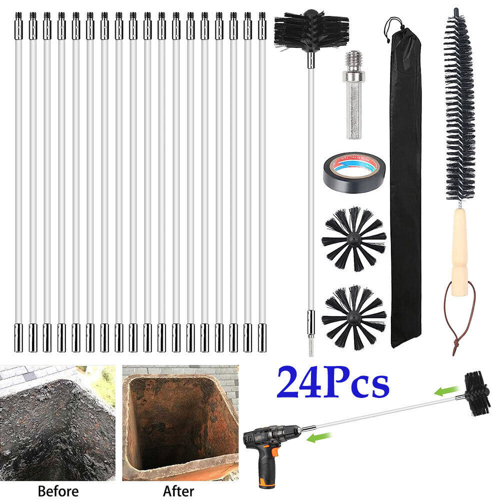 Chimney Sweep Set Flue sweeping Brush & Rod Kit Soot Cleaning Rods 24PCs
