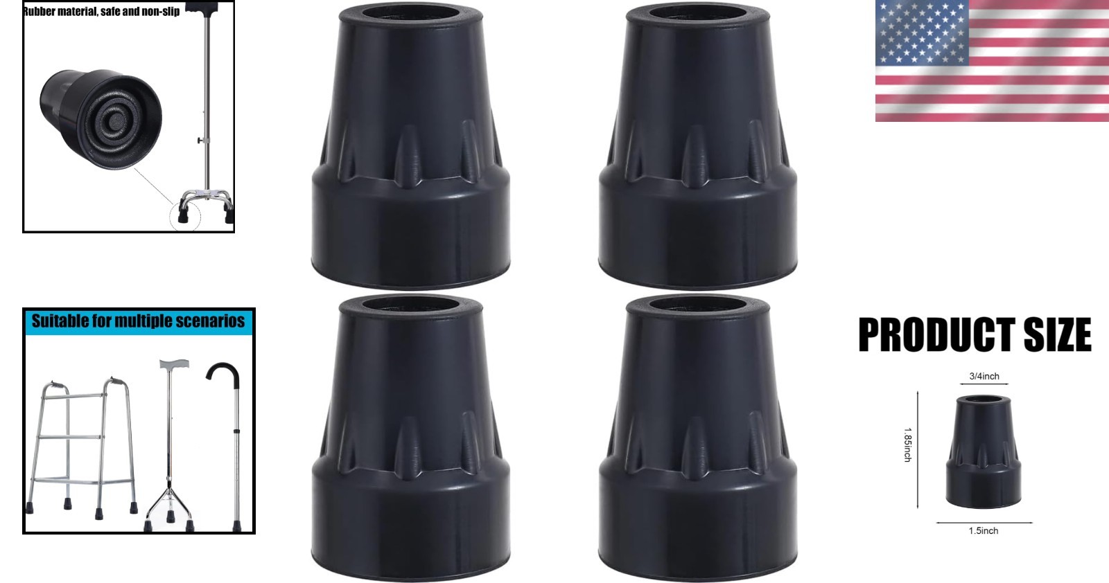 Safe and Sturdy 3/4” Cane Tips - Rubber Replacement Set with Shock Absorption