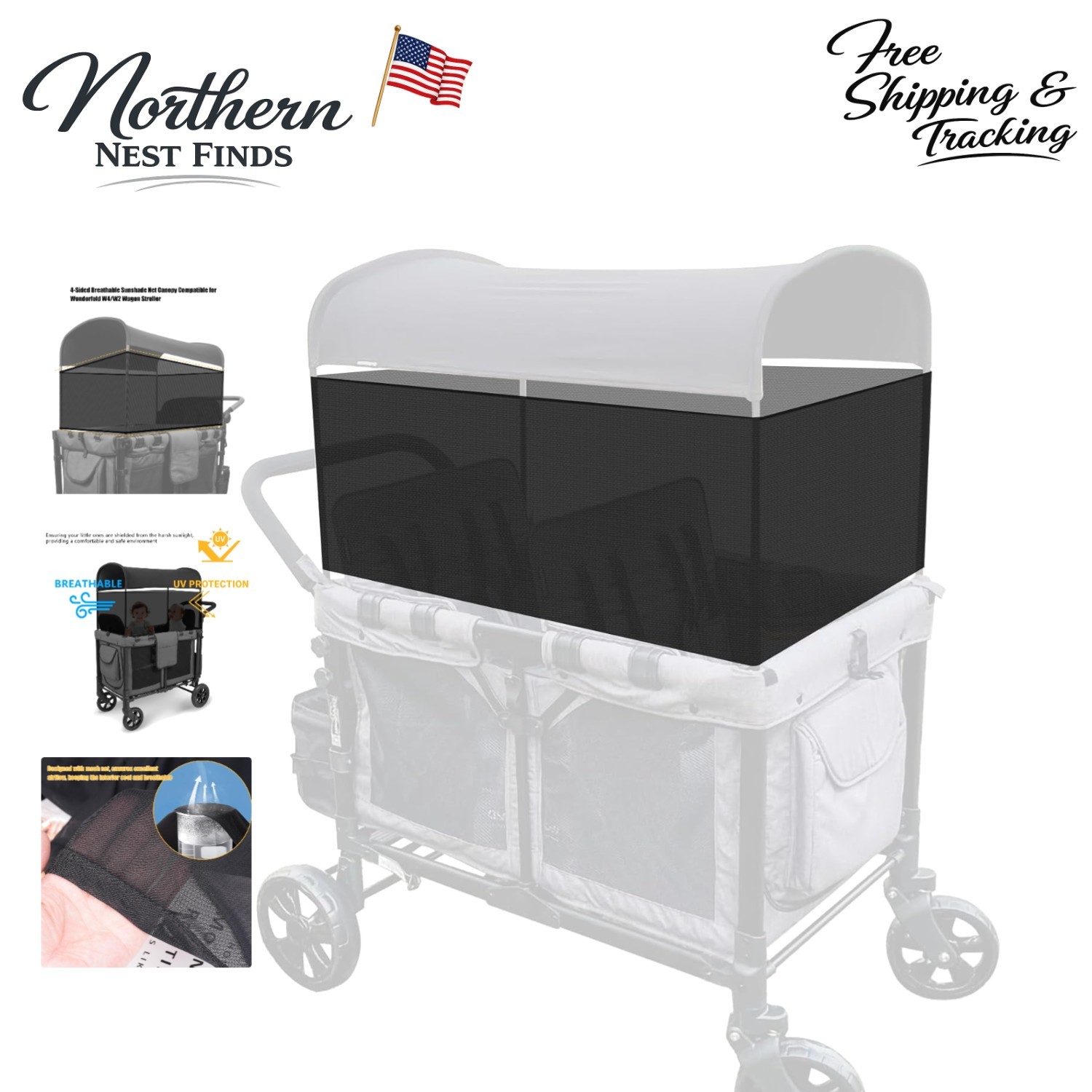 4-Sided Lightweight Mesh Sunshade Fence for Wonderfold W4/W2 Stroller - Black