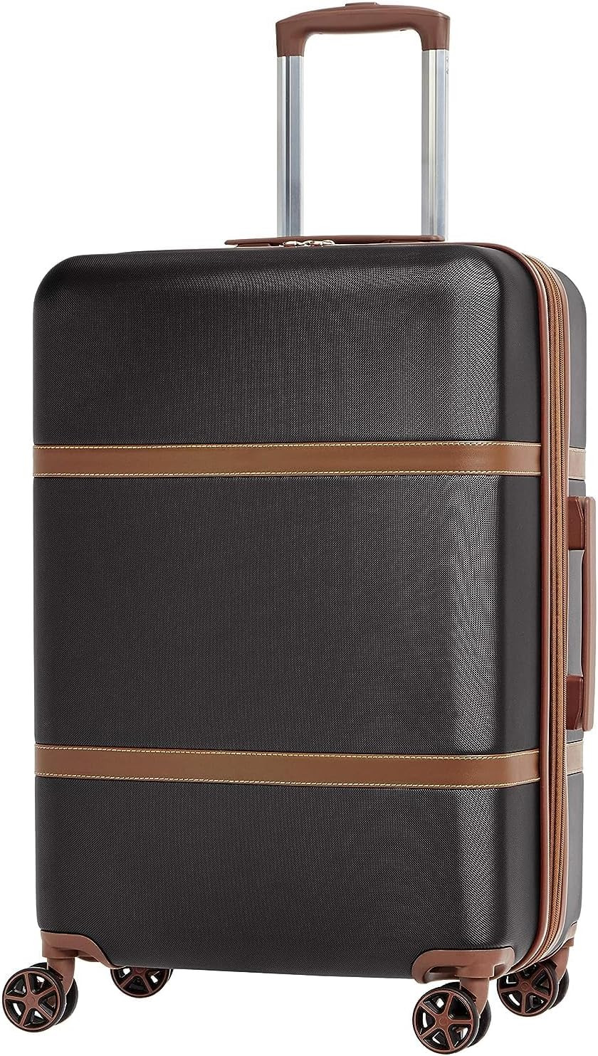 26-Inch Hardside Checked Luggage with Leather Detailing, Expandable Spinner Suit