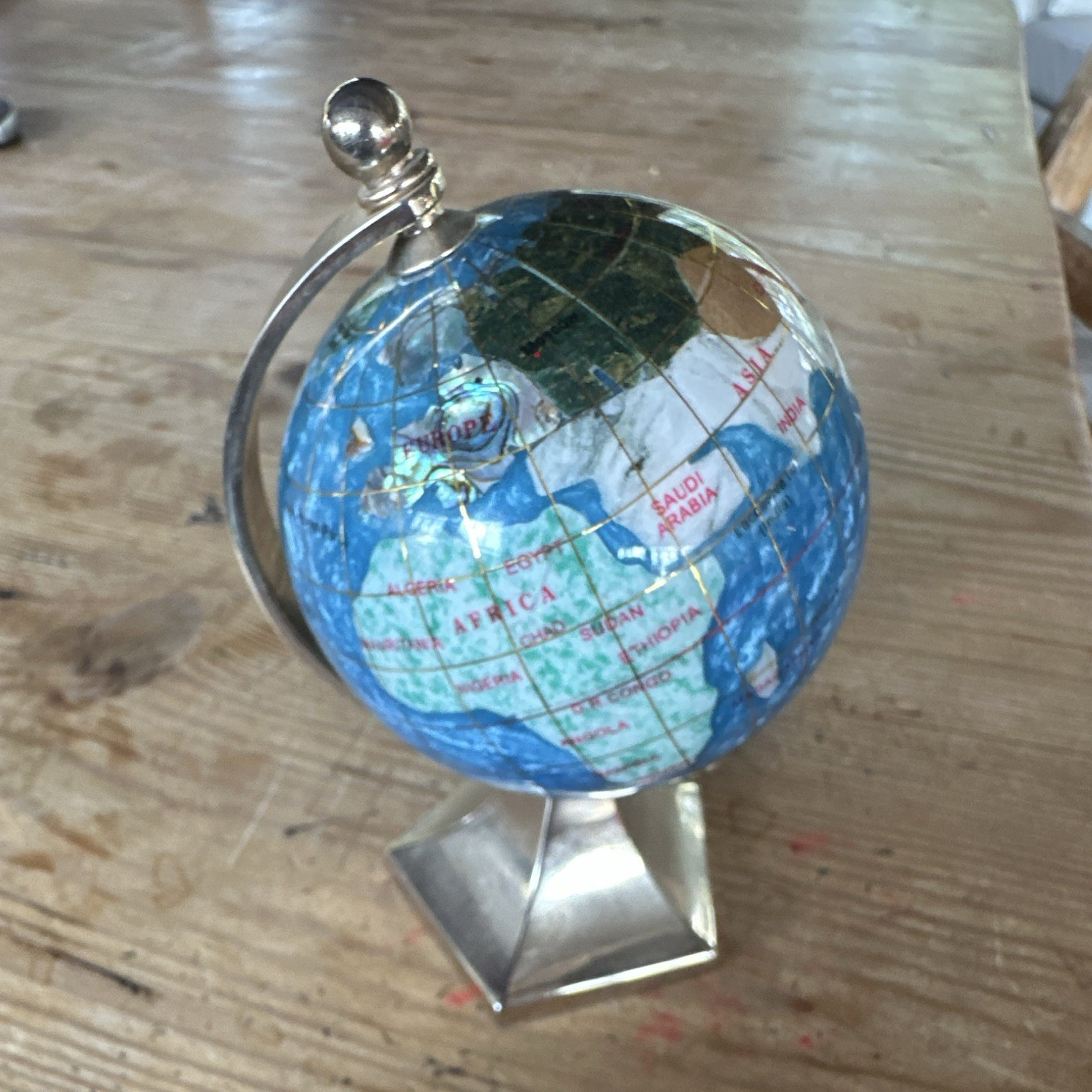 Tabletop Rotating World Globe, Blue, Decorative Metallic Metal Base Stand