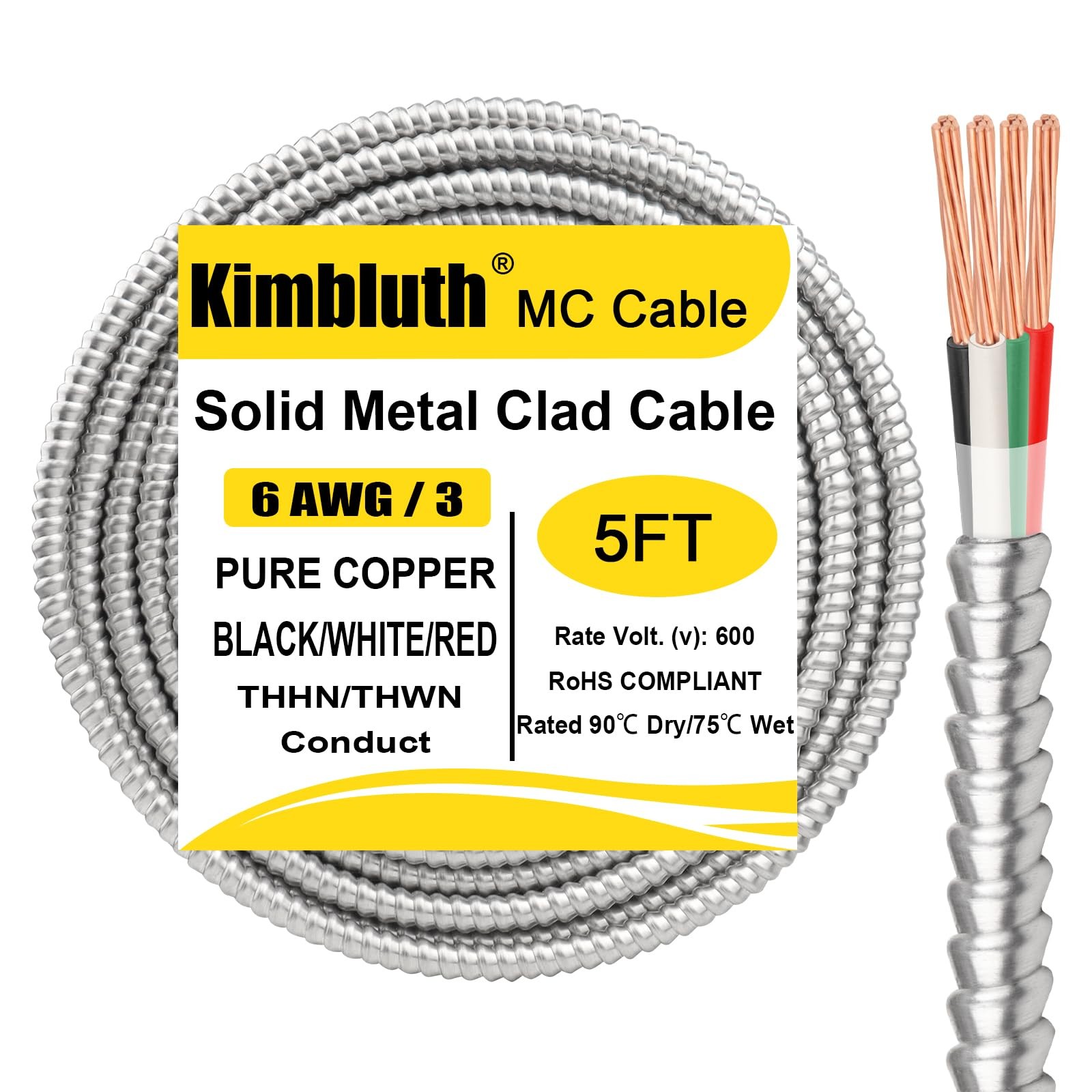 6/3 Metal Clad (MC) Cable with Ground 5ft, 6 Gauge Electric Wire 5FT, Silver