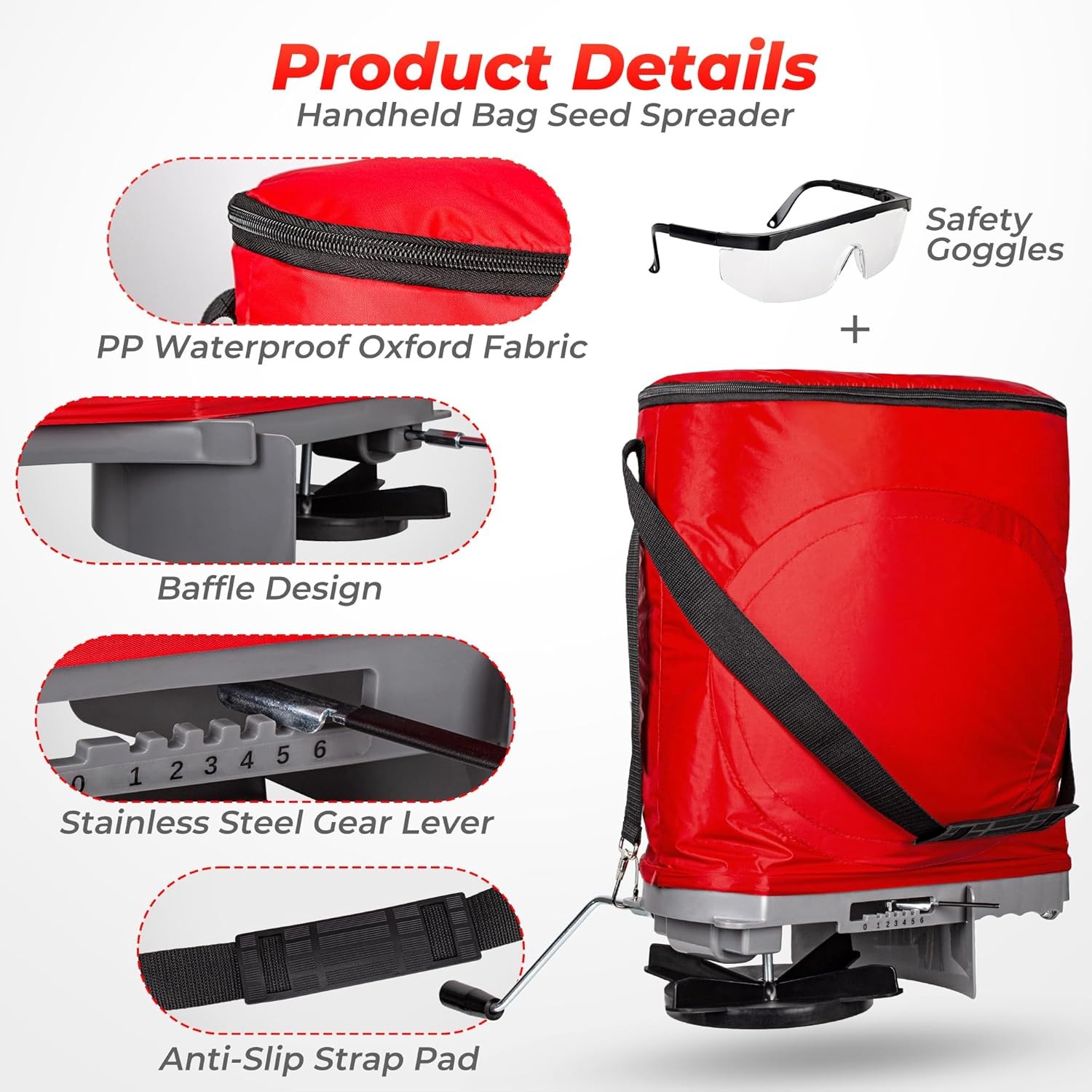 Handheld Seed Spreader with 25lb Bag Frame Support Flow Control Enclosed Gear