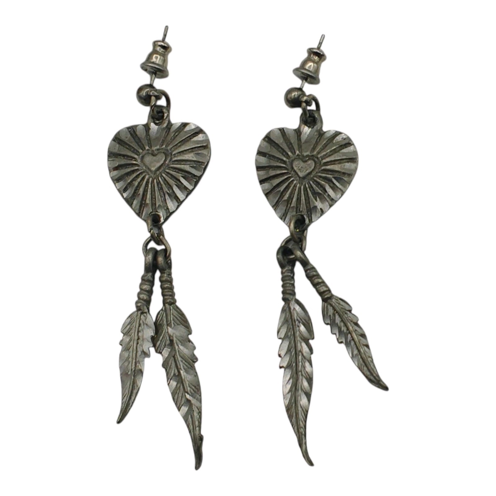 Vintage Southwest Style Fashion Dangle Earrings Feathers Silver Tone