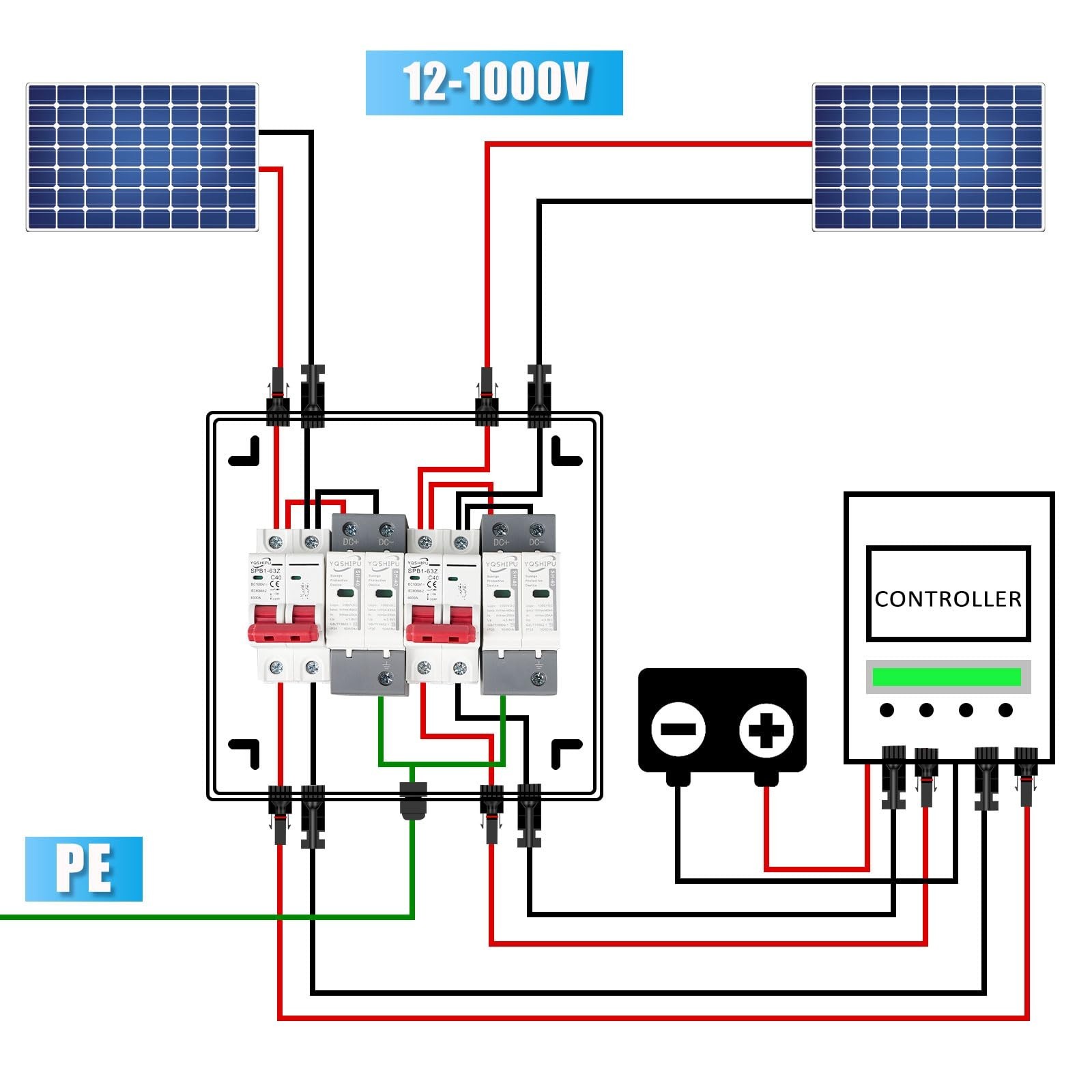 2 String 1000V PV Combiner Box 2 in 2 Out, Dual String 63A DC Circuit Breaker...