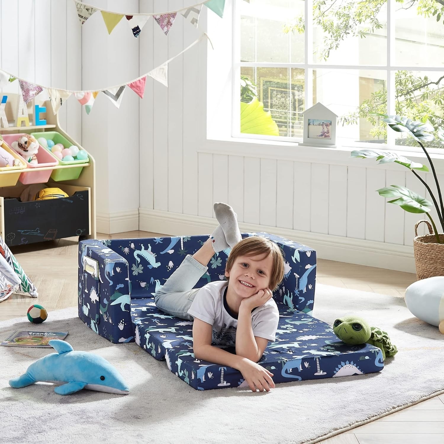 Kids Fold Out Couch 2-In-1 Children Convertible Sofa to Lounger with Soft Plush