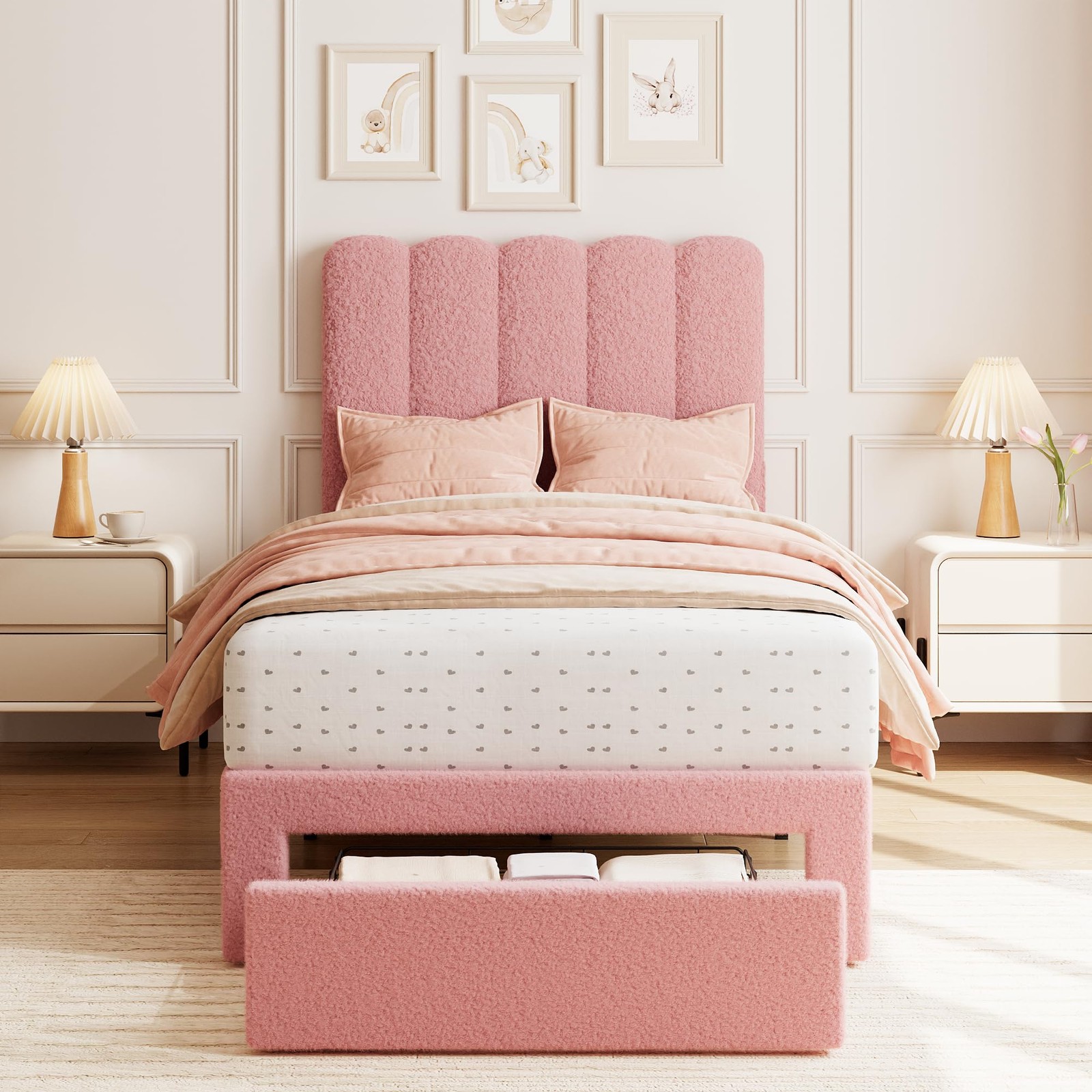 Twin Size Bed Frame Kids w/ Headboard and Drawer, Pink Upholstered Platform Bed
