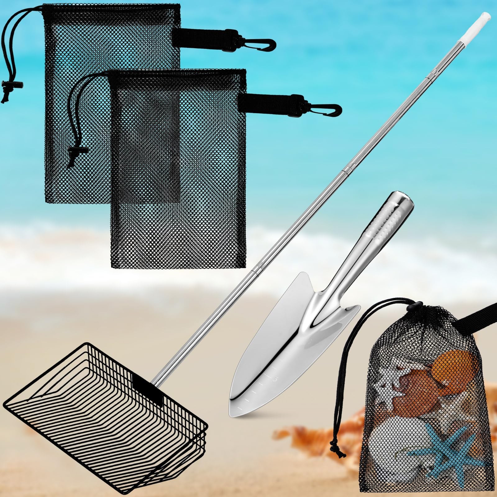 Lasnten 4 Pcs 54 Inch Sand Flea Rake for Beach Stainless Steel sliver