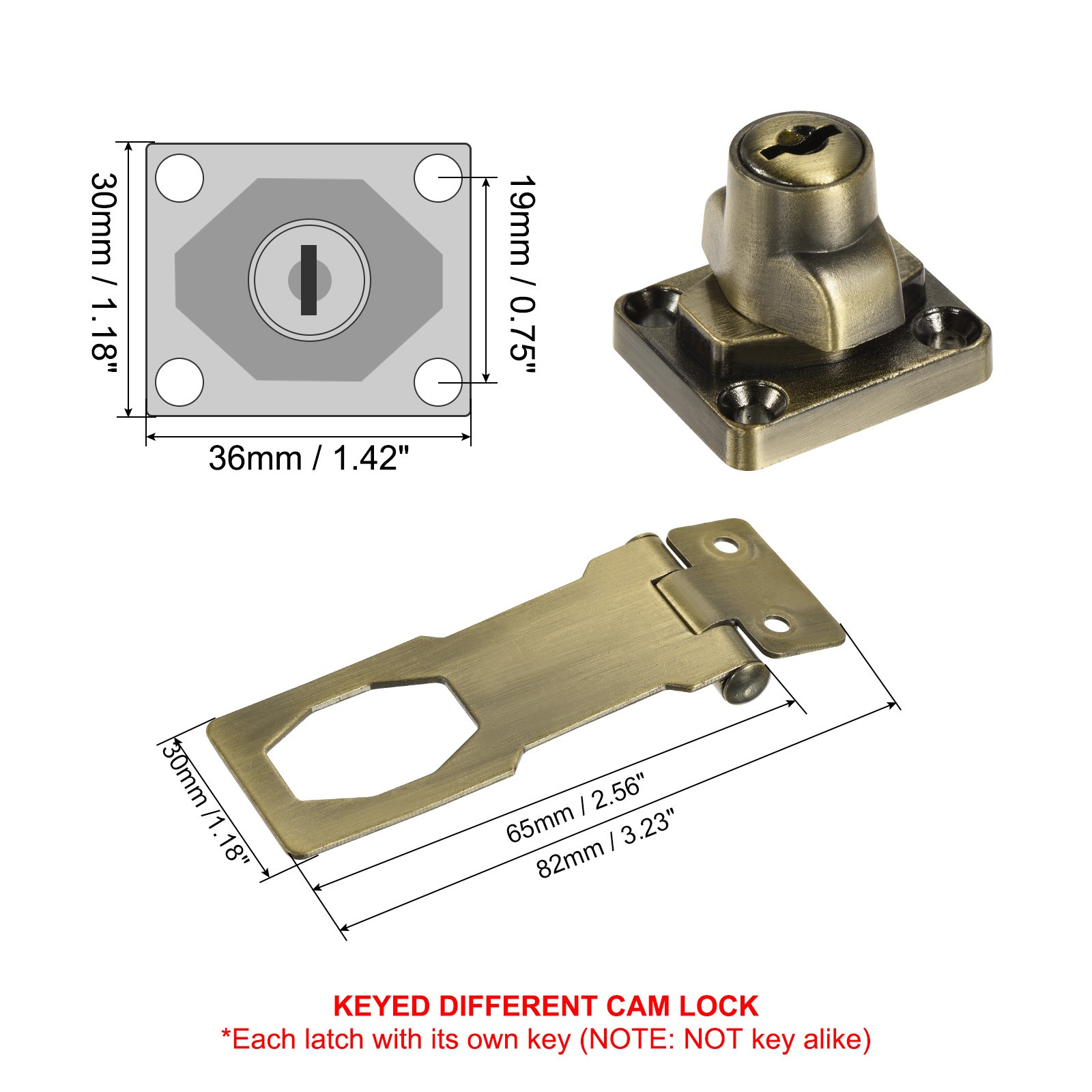 2.5Inch Keyed Hasp Locks Twist Knob Locking Keyed Different, Bronze