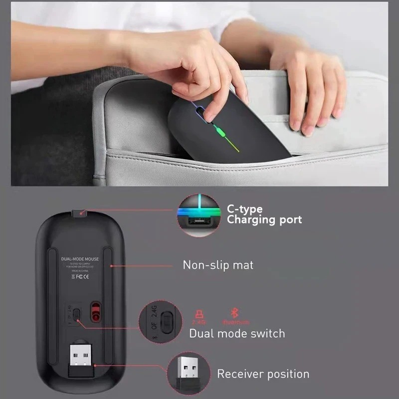 Wireless Mouse 2.4GHz Bluetooth Rechargeable Quiet 1600DPI for PC