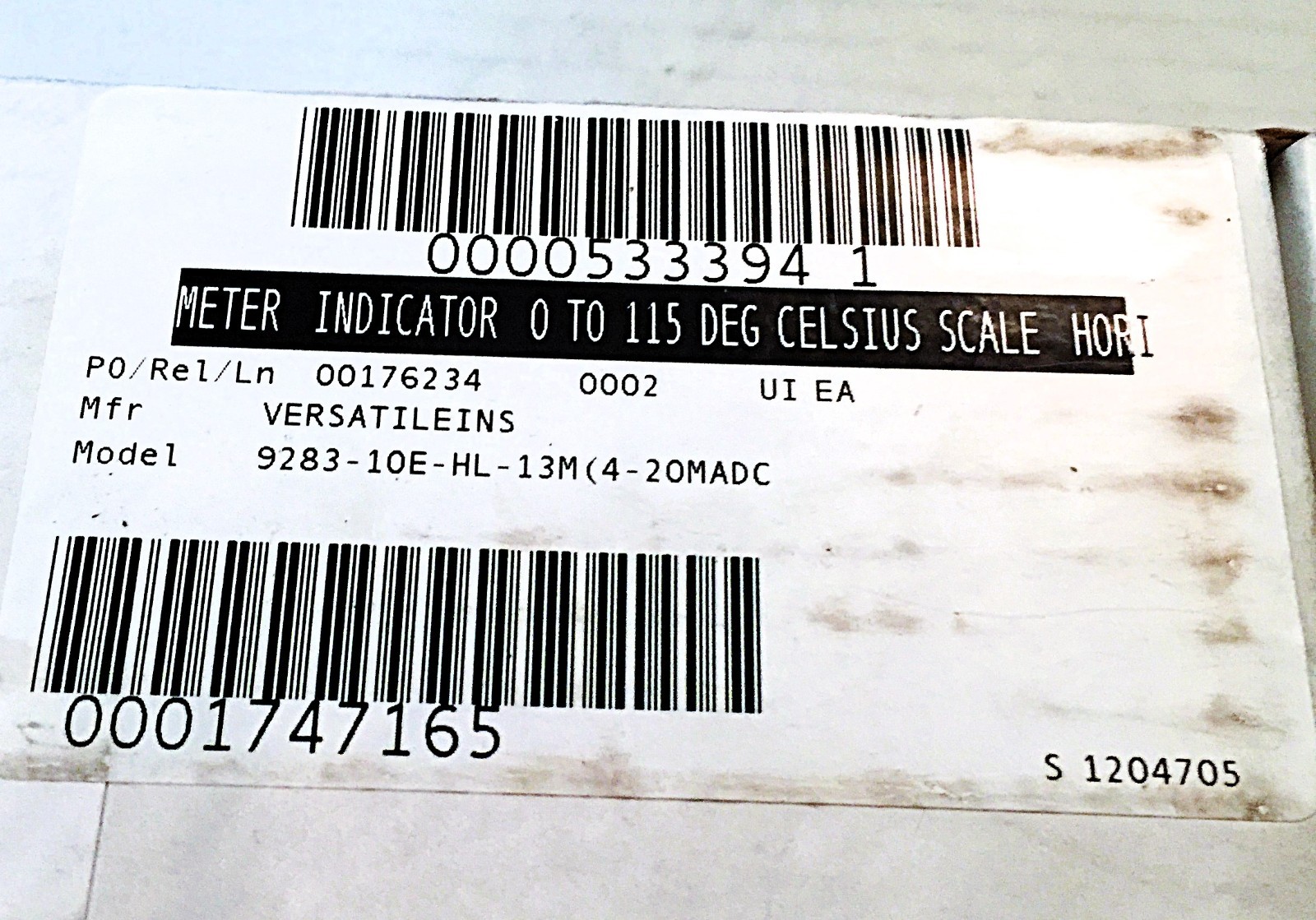 VERSATILE 9283-10-E-HL13M PANEL METER 1204705 / 0 - 115 C SCALE