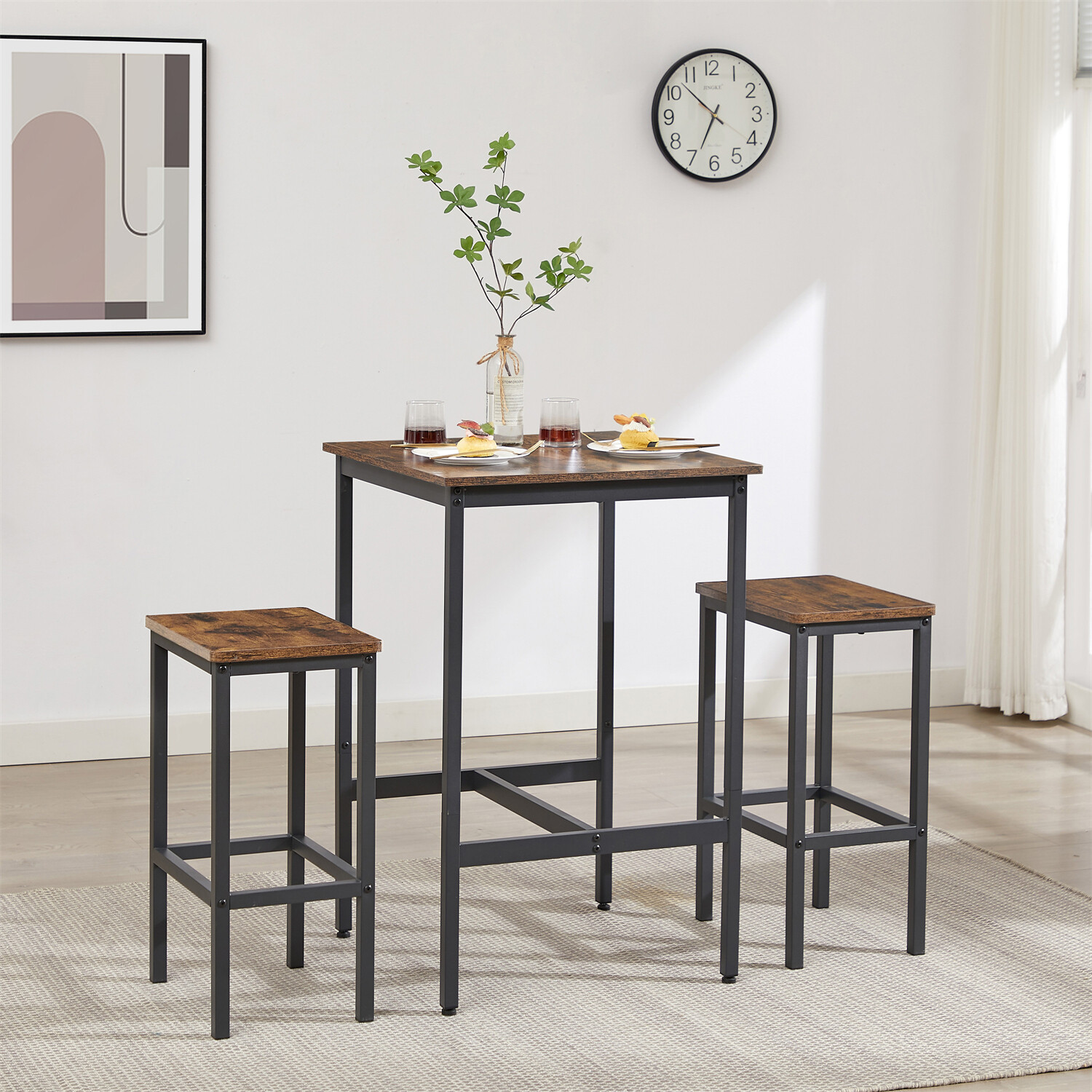 3 Piece Bar Table Set Counter Height Kitchen Dining Table w/ 2 Bar Stools US