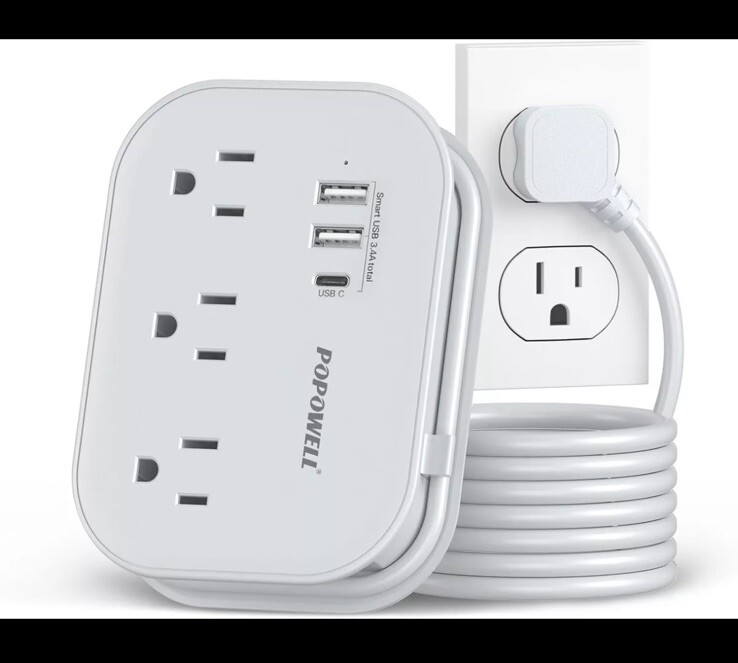 Flat Plug Power Strip- USB Travel Strip, 3 Outlets and 3 01-Grey