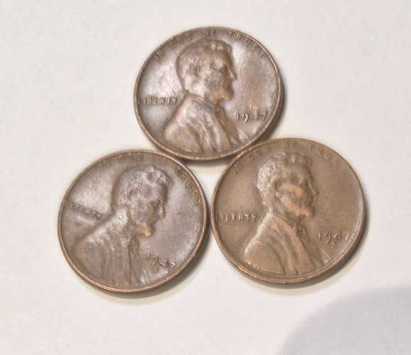 1947 P, D, S, Lincoln Wheat Cent, Penny, Fine Condition Lot 5