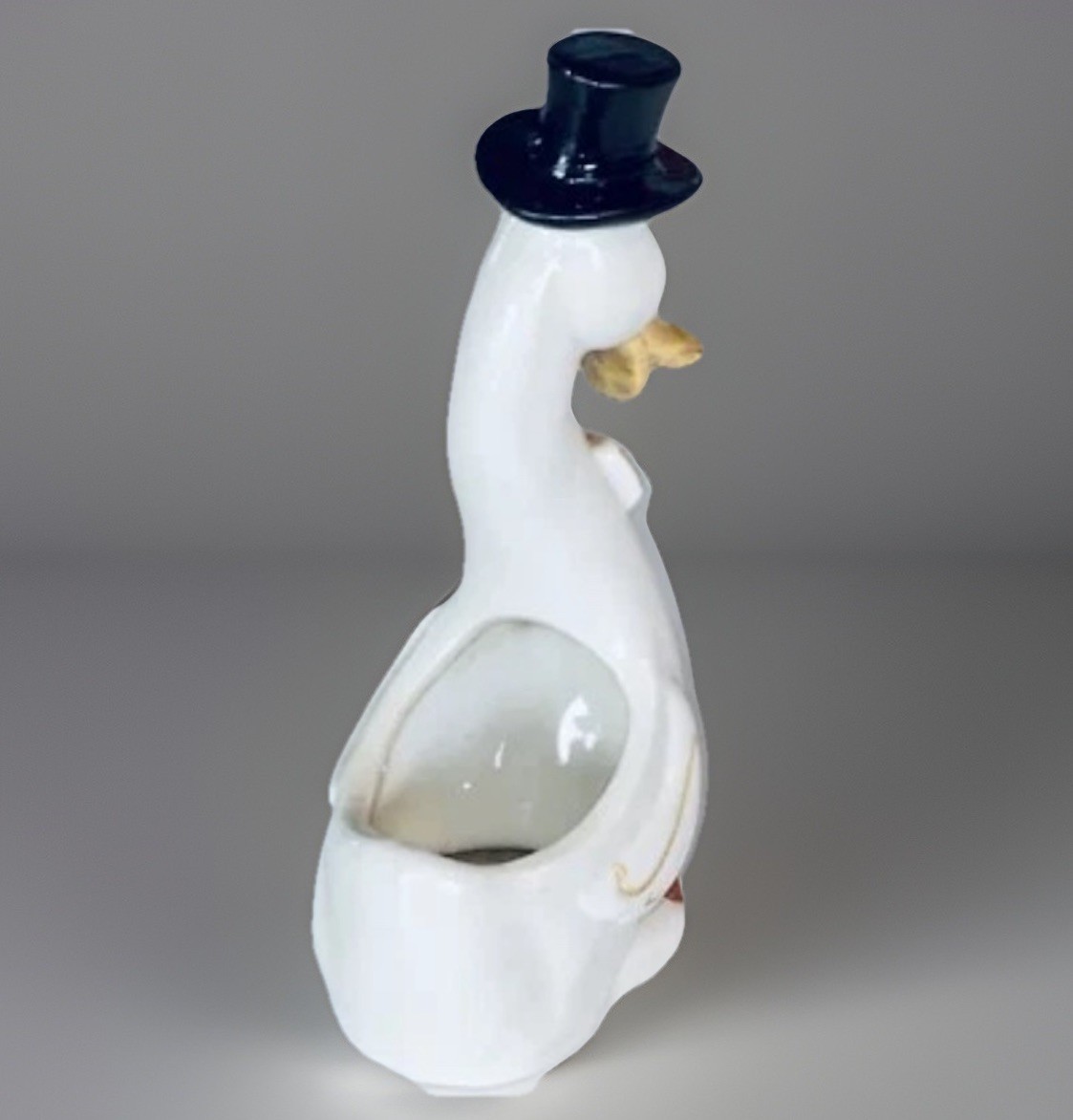 1920s Ceramic dapper duck anthropomorphic planter top hat bow tie 7” Tall
