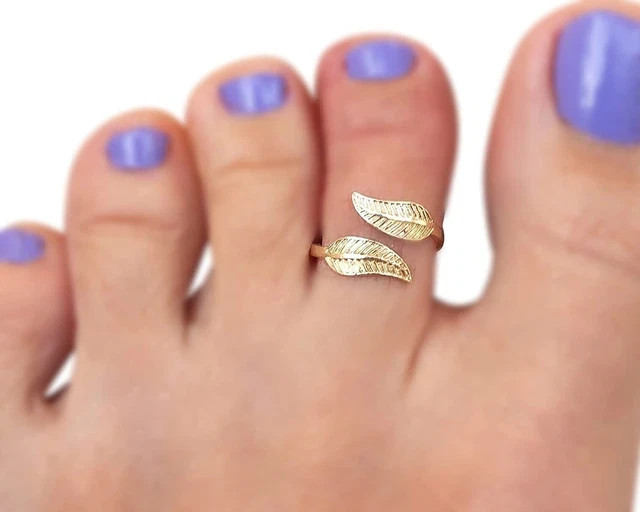 925 Sterling Silver Women Adjustable Leaf Bypass Toe Ring 14K Yellow Gold Finish
