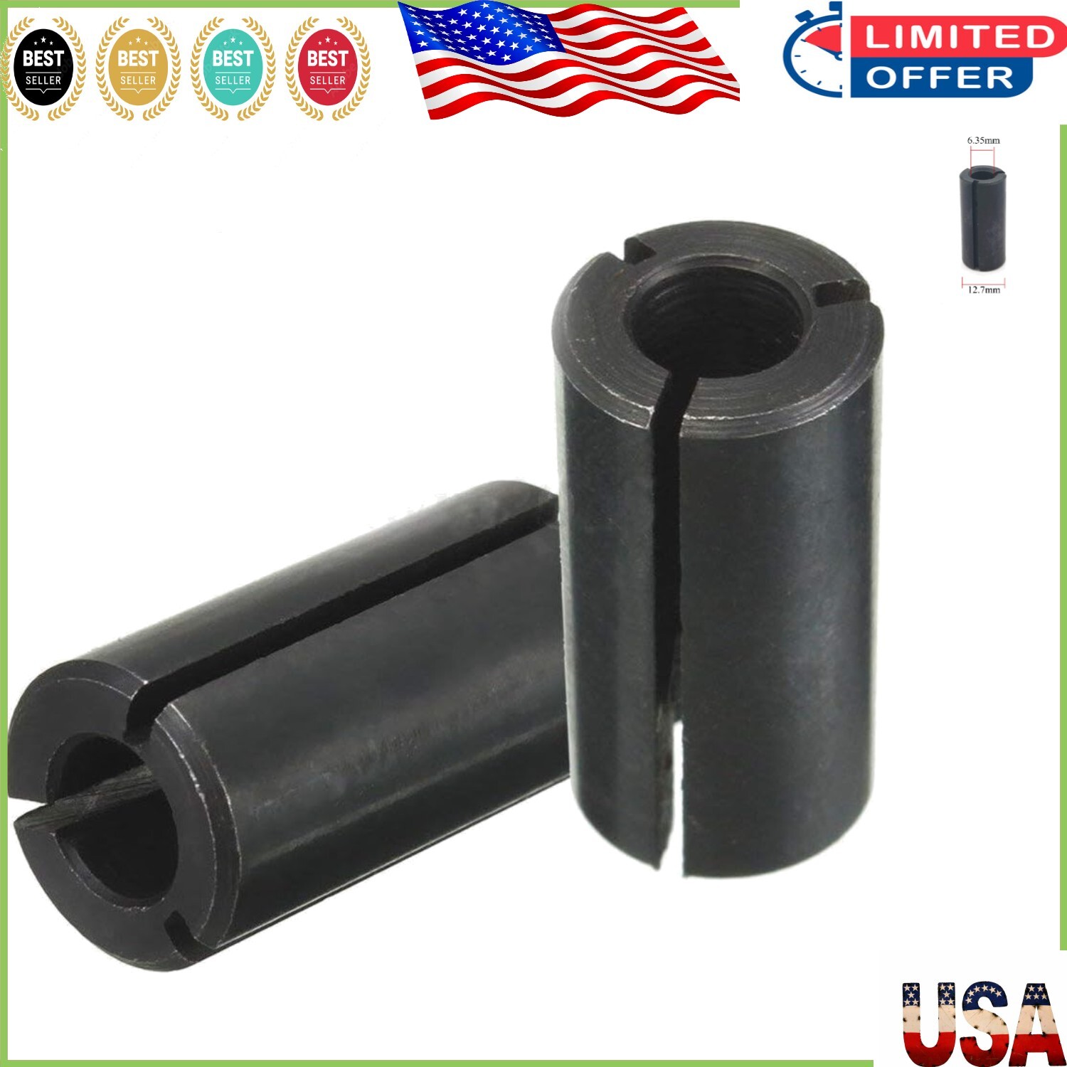 Easy Install 2Pcs Router Collet Reducer from 1/2" to 1/4" - Black Toughness
