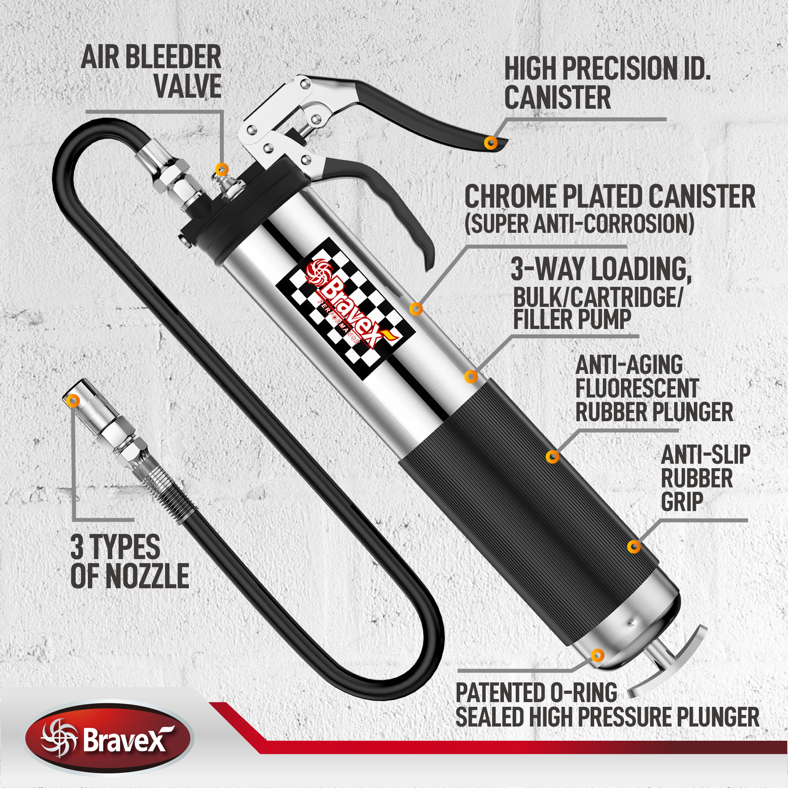 Heavy Duty Professional Pistol Grip Grease Gun 6000 PSI with 18 inch Flex Hose