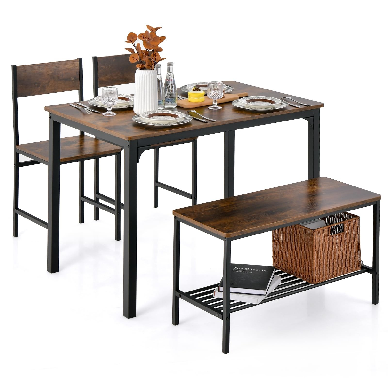 Dining Table Set for 4 Modern Industrial Kitchen Table with Bench Chairs