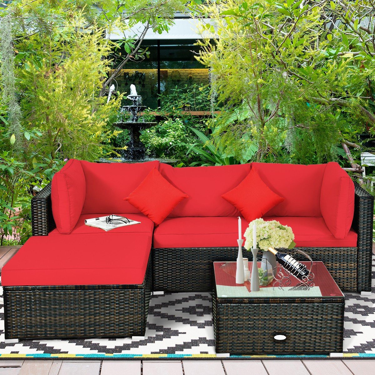 Patiojoy 5PCS Outdoor Rattan Furniture Set Sectional Wicker Sofa Set w/ Cushions