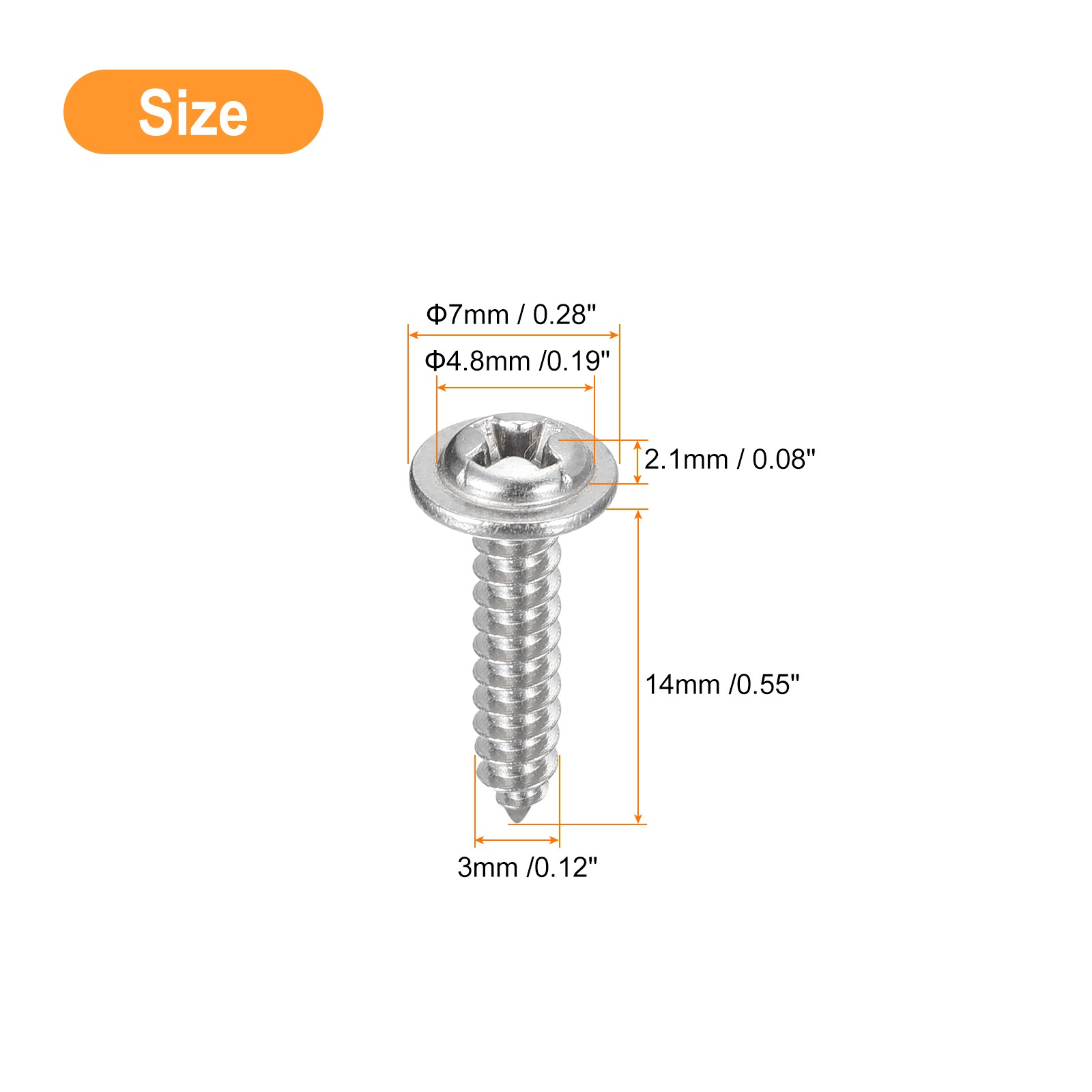 ST3x14x7mm Phillips Pan Head Self-tapping Screw with Washer, 100pcs (Silver)