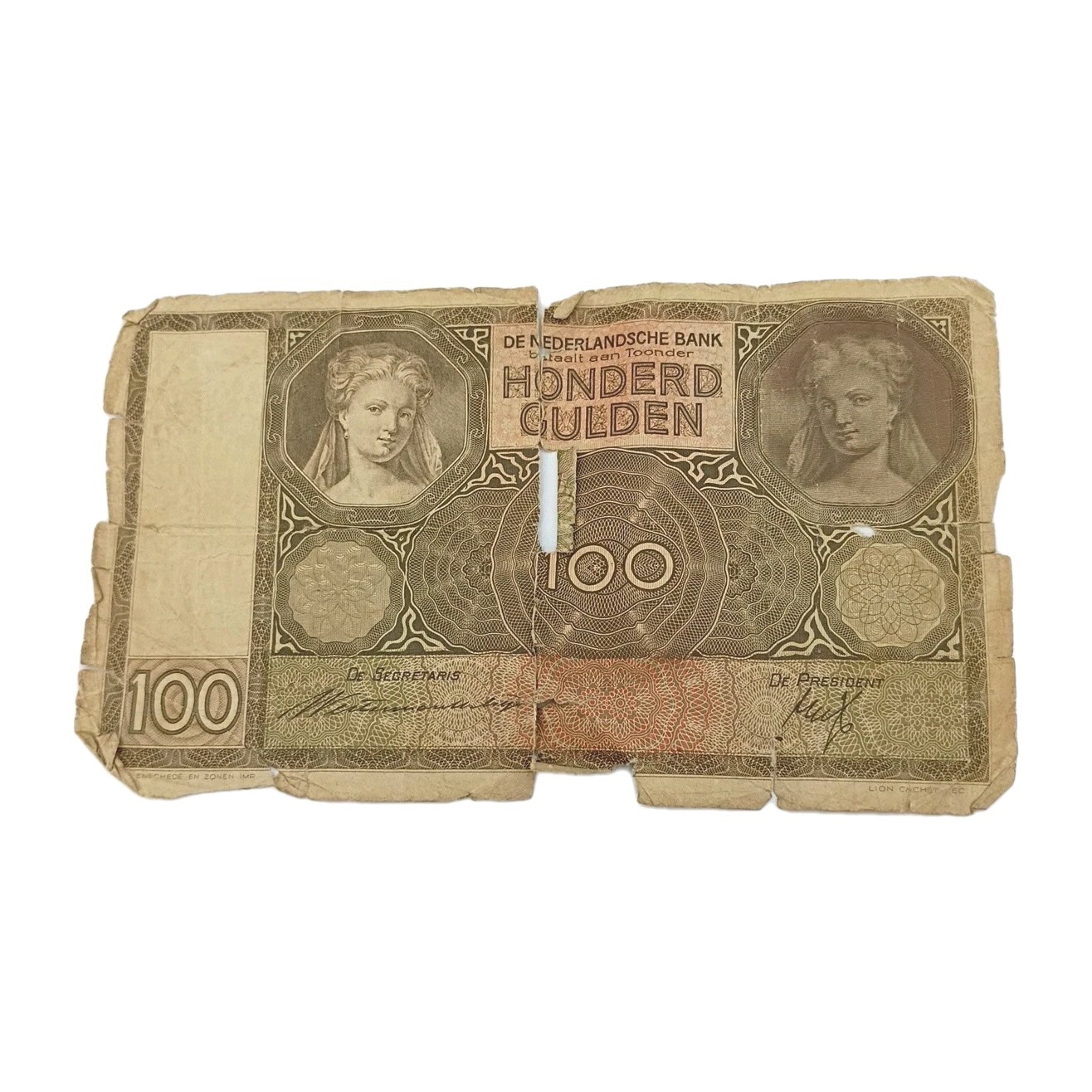 1938 Netherlands 100 Gulden Banknote – Amsterdam Issue – Damaged Pre‑WWII...