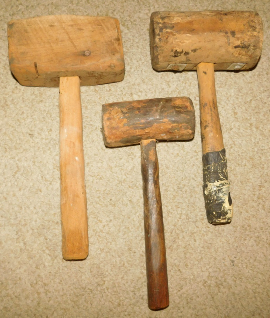 Lot of 3 Vintage PRIMITIVE Wood Mallets Hammers USA Leather Wood Working