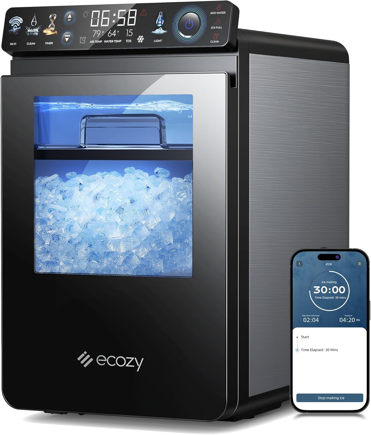 ecozy 44lbs/24H Nugget Ice Maker Countertop Pellet Chewable Ice Self-Cleaning