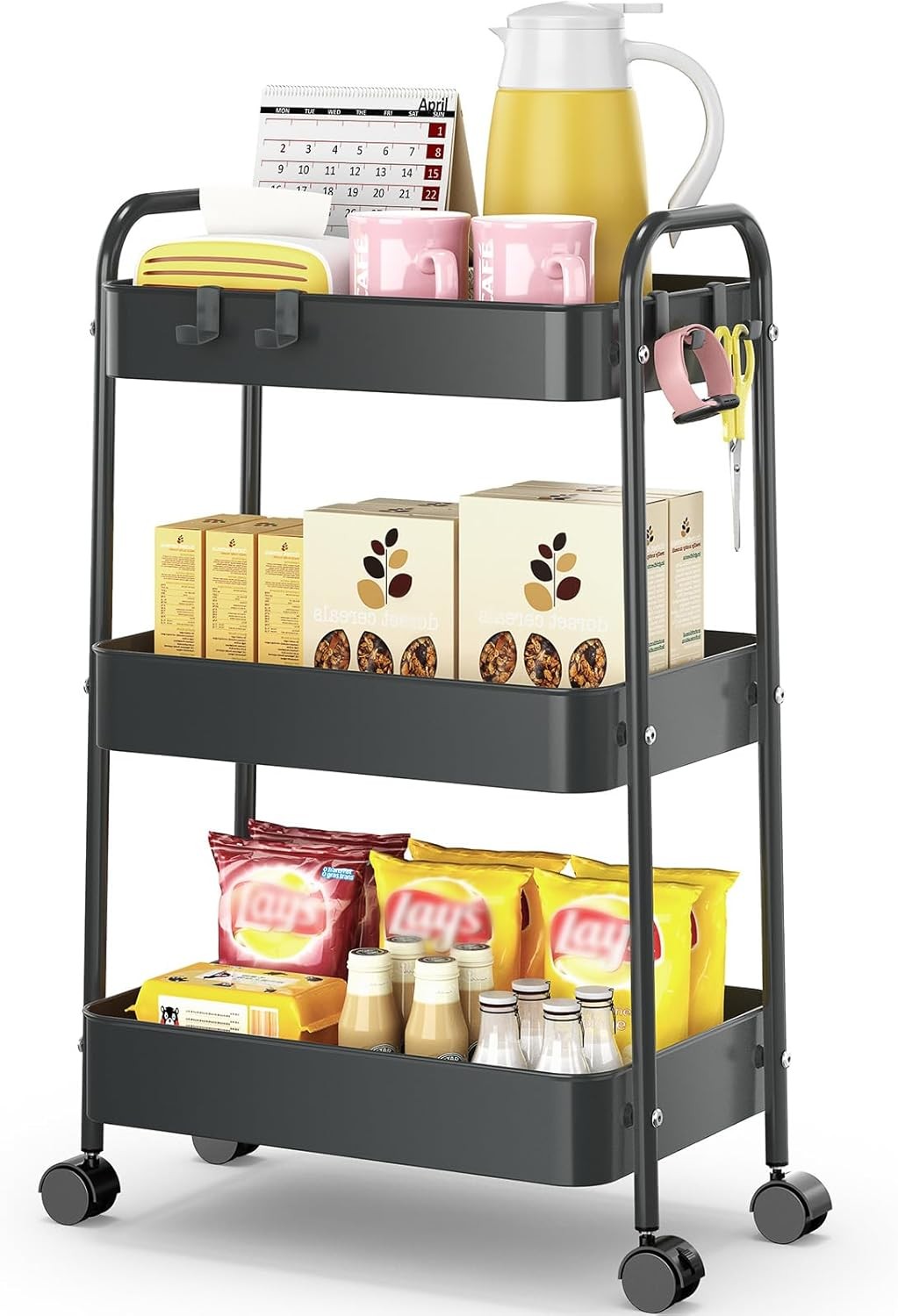 3 Tier Rolling Storage Cart Metal Utility Cart W/ Hooks Trolley on Wheels
