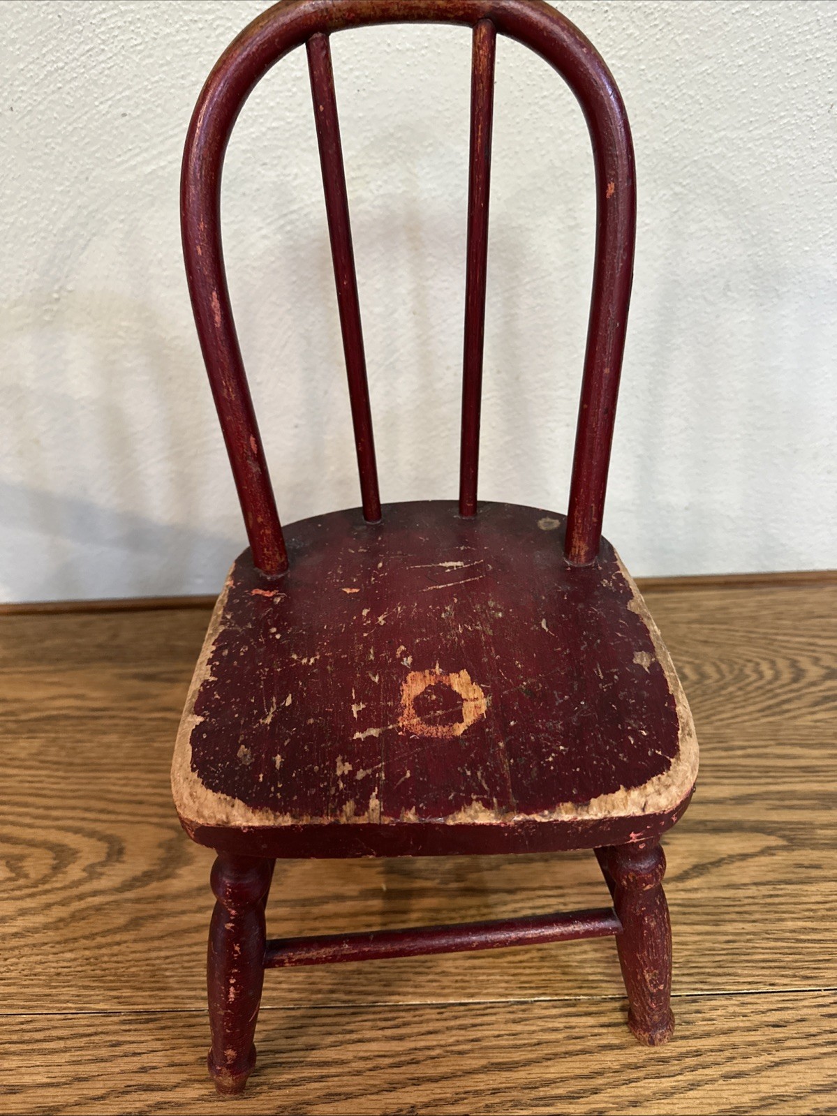 Antique VINTAGE  Childs Worn Red Paint High Back Chair ~ 17"T x 7.5" W x7.5"D