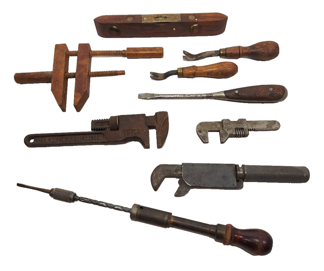 Antique 9 Tools Lot FEDERAL TRIMO WAKEFIELD Screwdriver WRENCH clamp Wood Handle