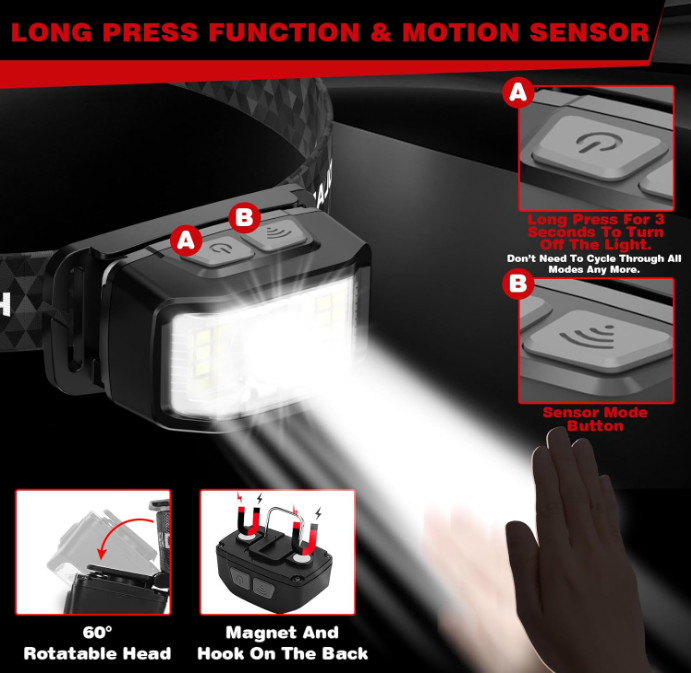 Linterna frontal LED recargable 2000 lúmenes sensor 16 modos IPX6
